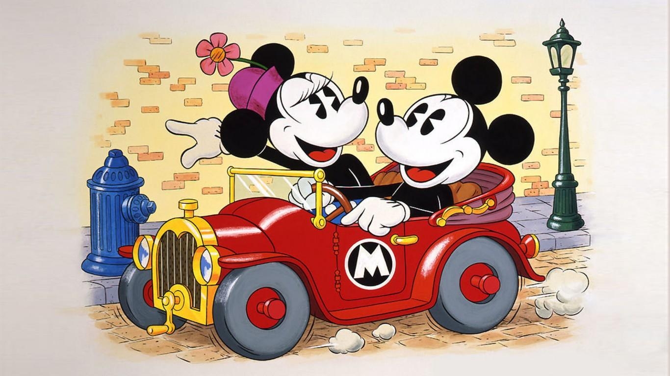 1370x770 Mickey And Minnie Mouse Driving A Car Cartoon Wallpaper, Desktop