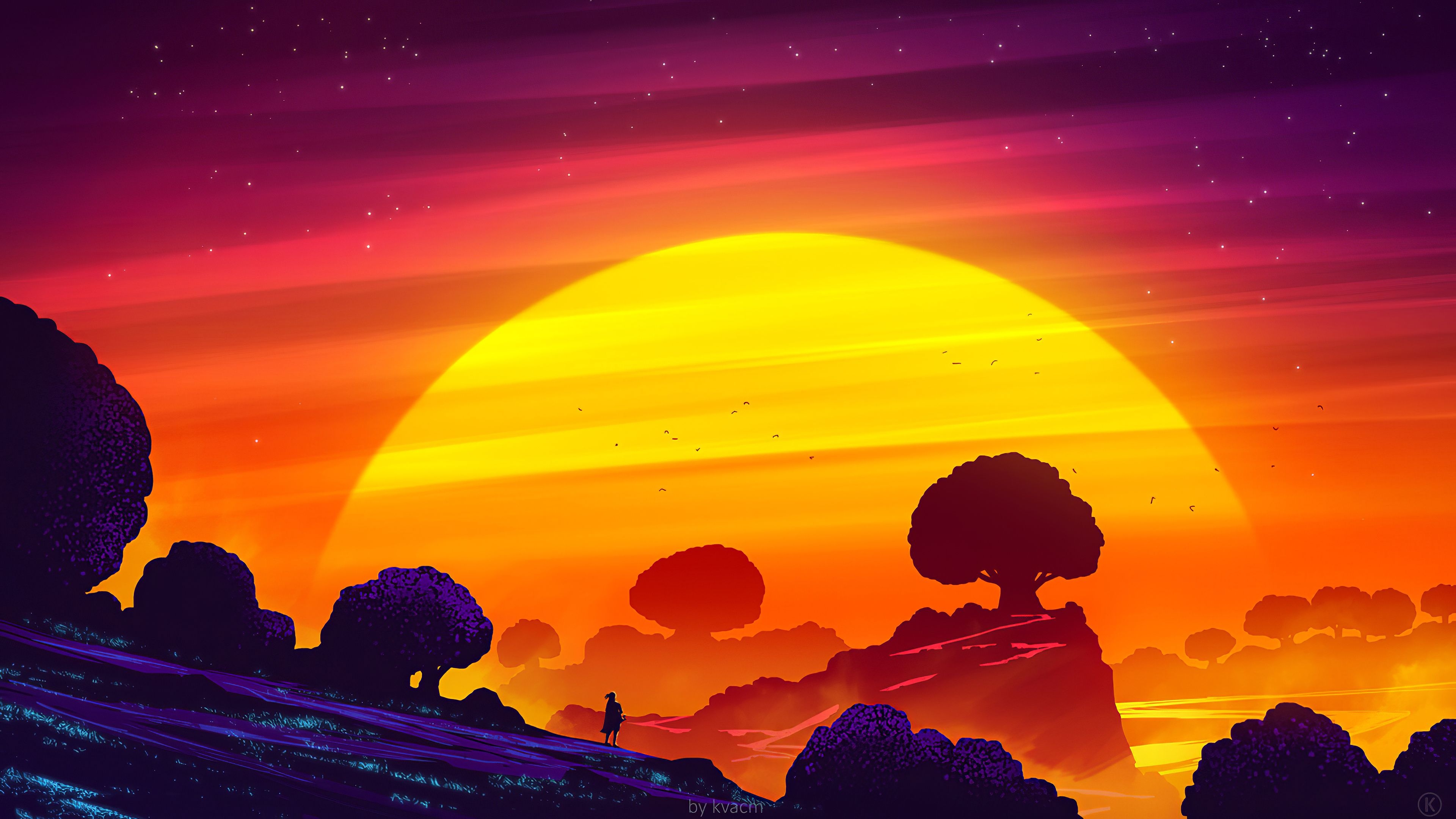 3840x2160 Wallpaper, digital art, artwork, illustration, landscape, 4k, nature, fantasy art, Sun, sunlight, trees, Africa, sunset, colorful, calm, synthwave, warm, digital painting, Desktop