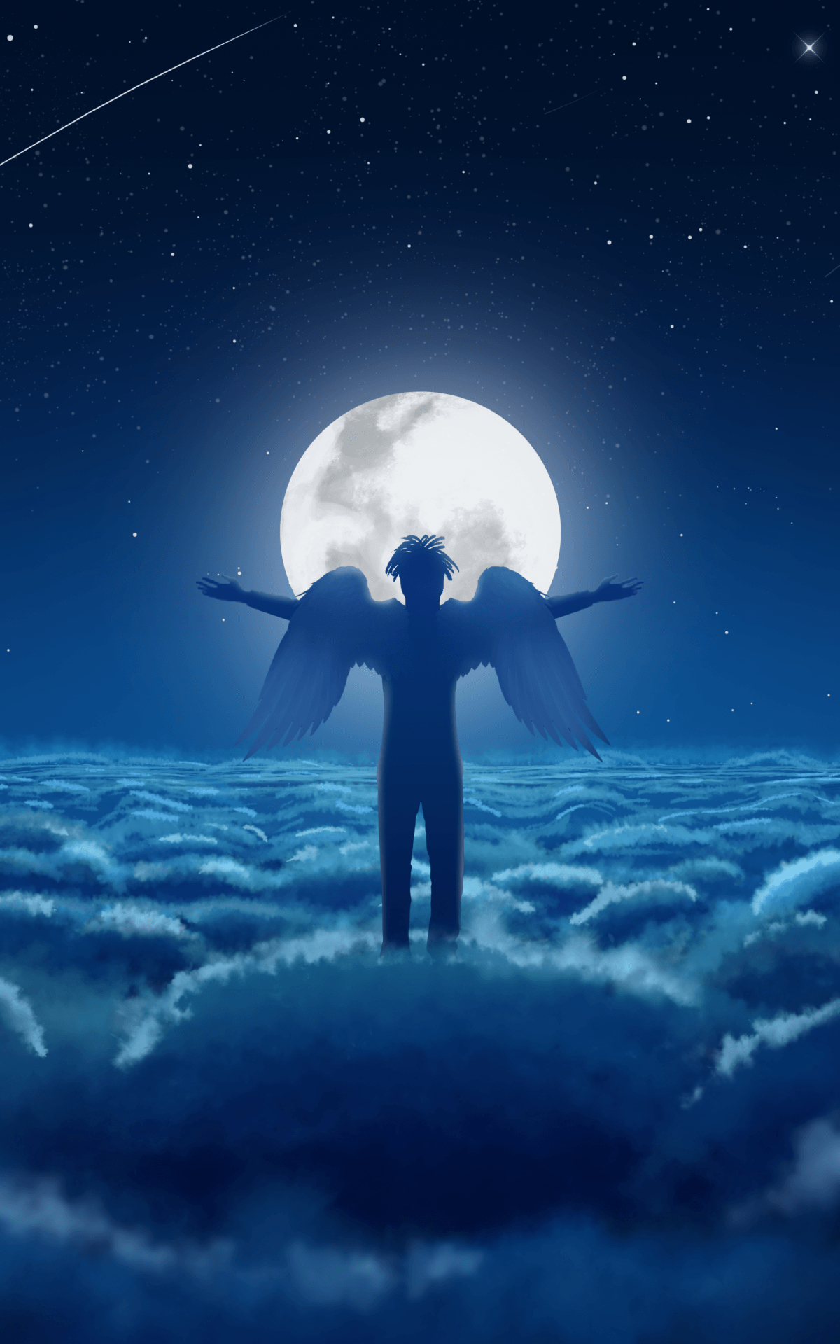 1200x1920 Download  Angel, Moon, Beyond The Clouds, Stars, Night, Phone