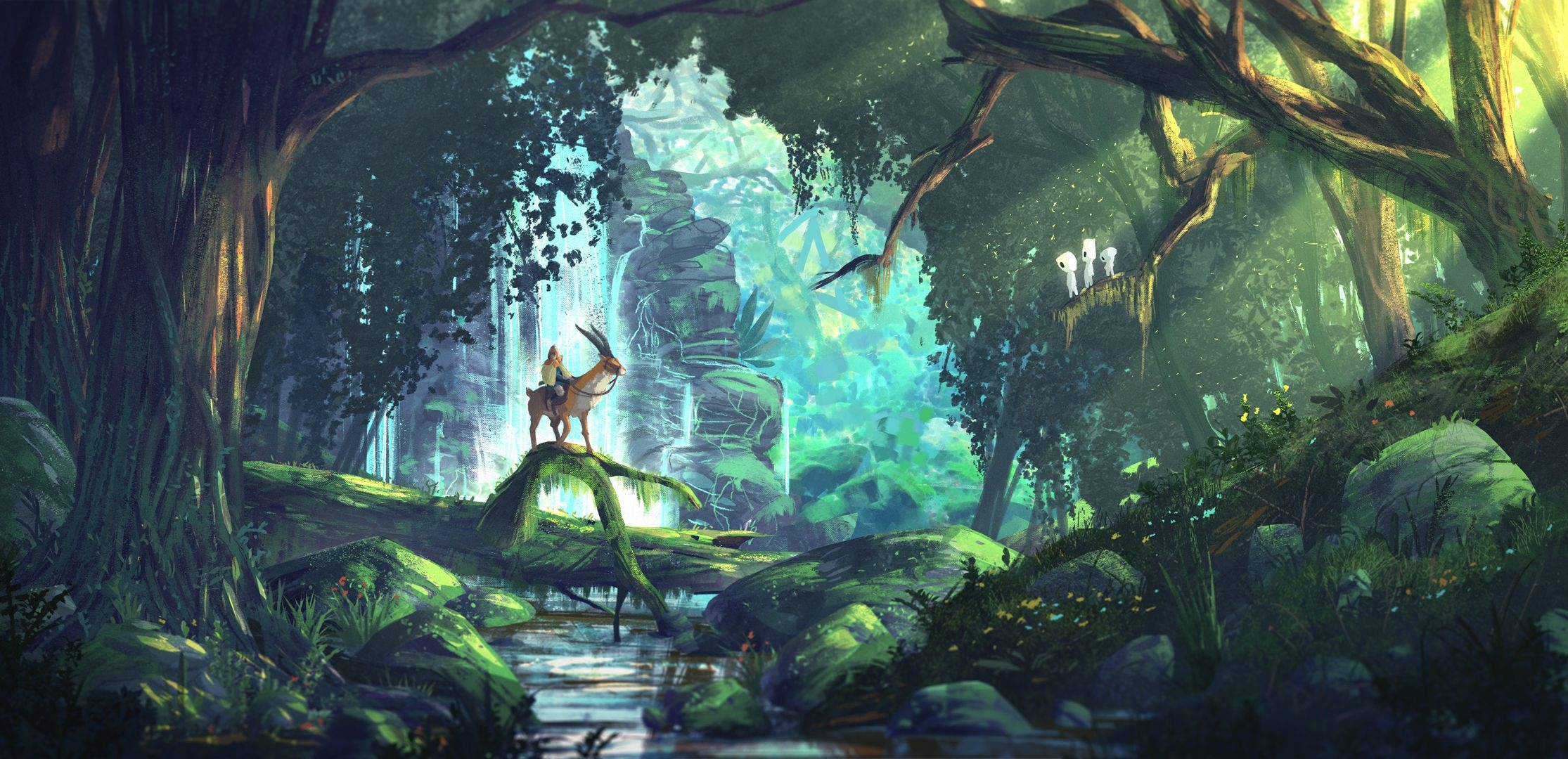 2230x1080 Princess Mononoke painted Forest Wallpaper (high res), Dual Screen