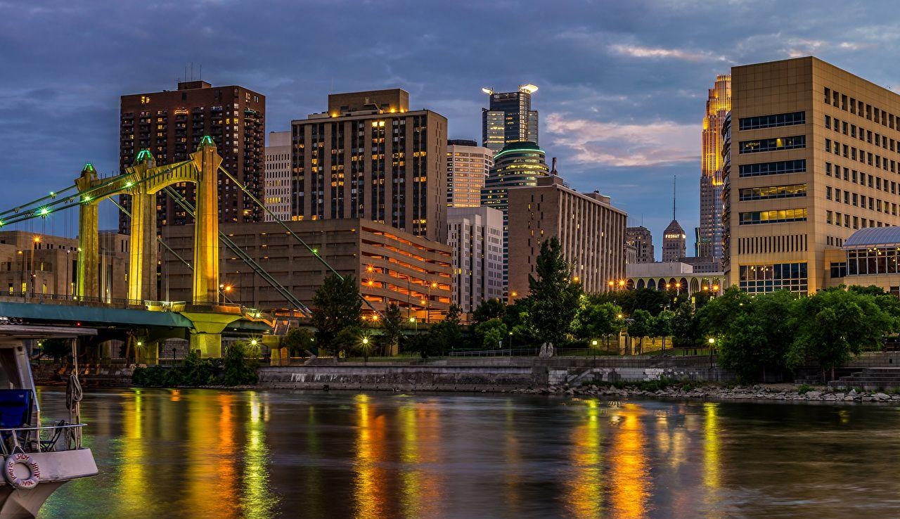 1280x740 Wallpaper USA Mississippi River Minneapolis Bridges Rivers night, Desktop