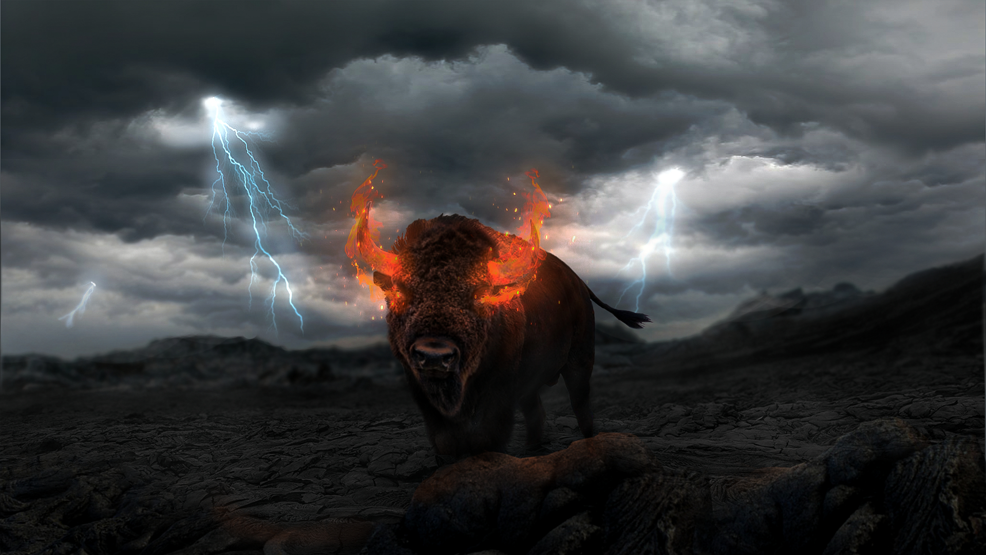 1920x1080 Hell Bull bison bull exhumed by fire roaming around a dark and deserted volcanic landscape. The bison starved and depraved of food fell into the lava and, Desktop