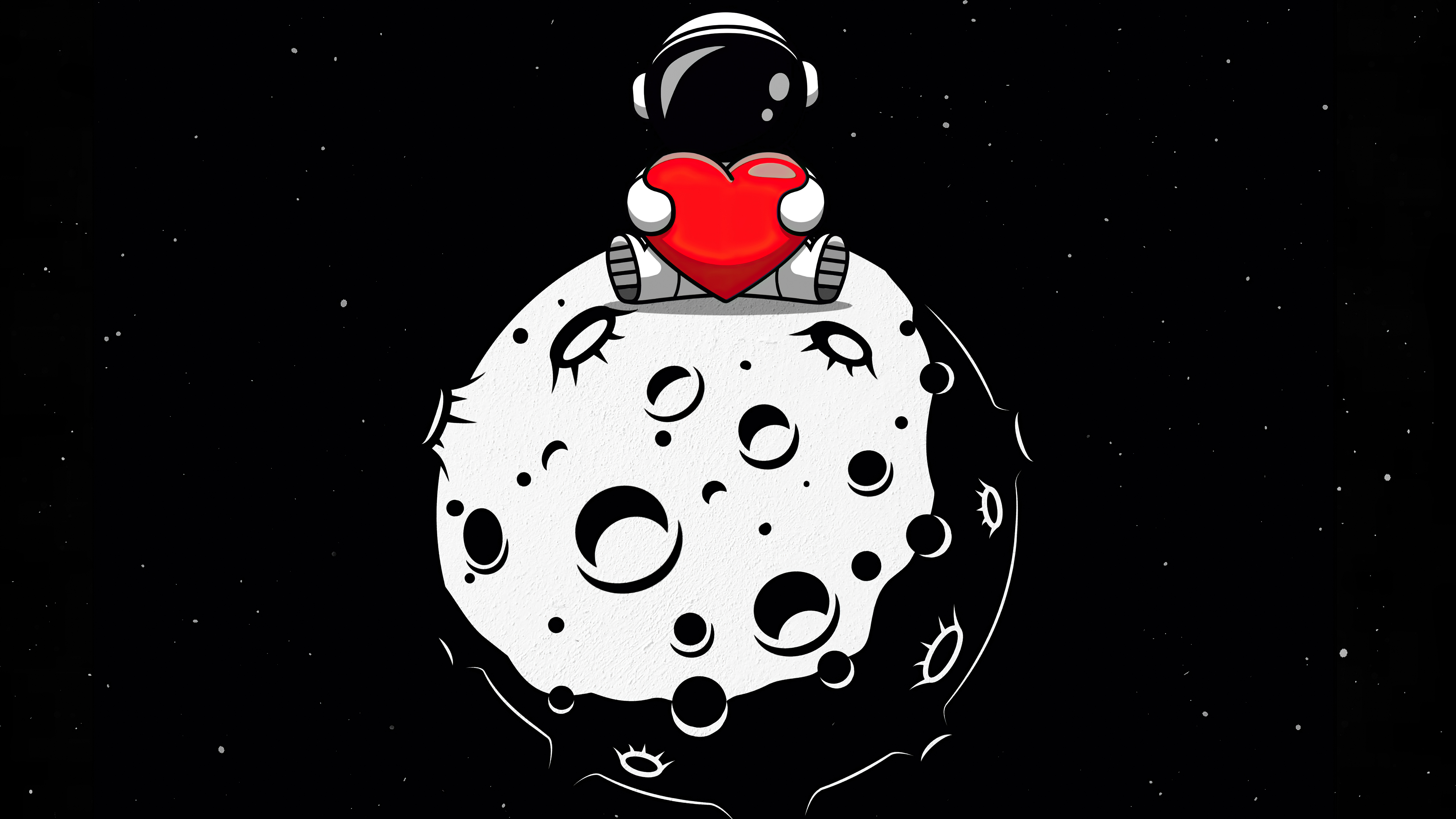 5120x2880 Red Heart Wallpaper 4K, Astronaut, Planet, Outer Space, Black Background, Black Dark, Desktop