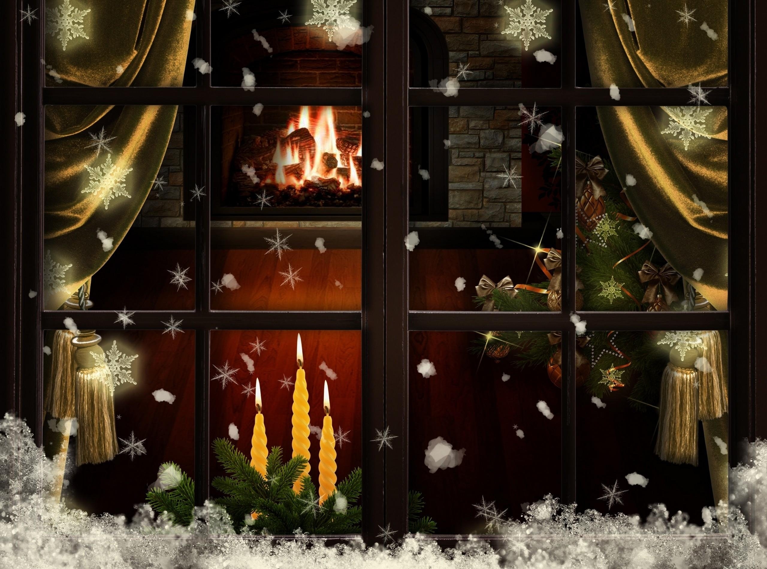 2560x1900 Cosy Christmas 2016: Wallpaper window, fireplace, candles, Desktop