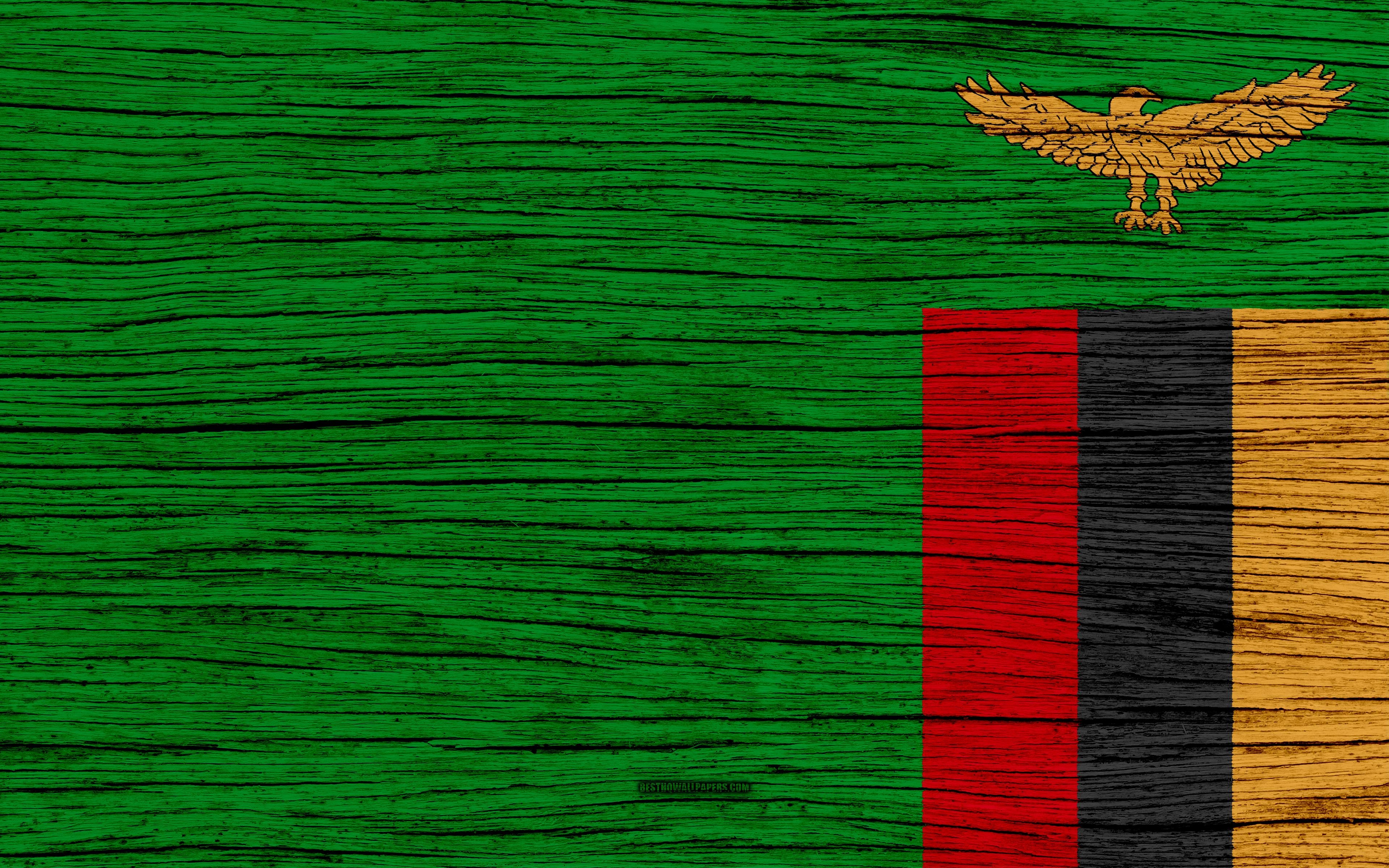 3840x2400 Download wallpaper Flag of Zambia, 4k, Africa, wooden texture, Desktop