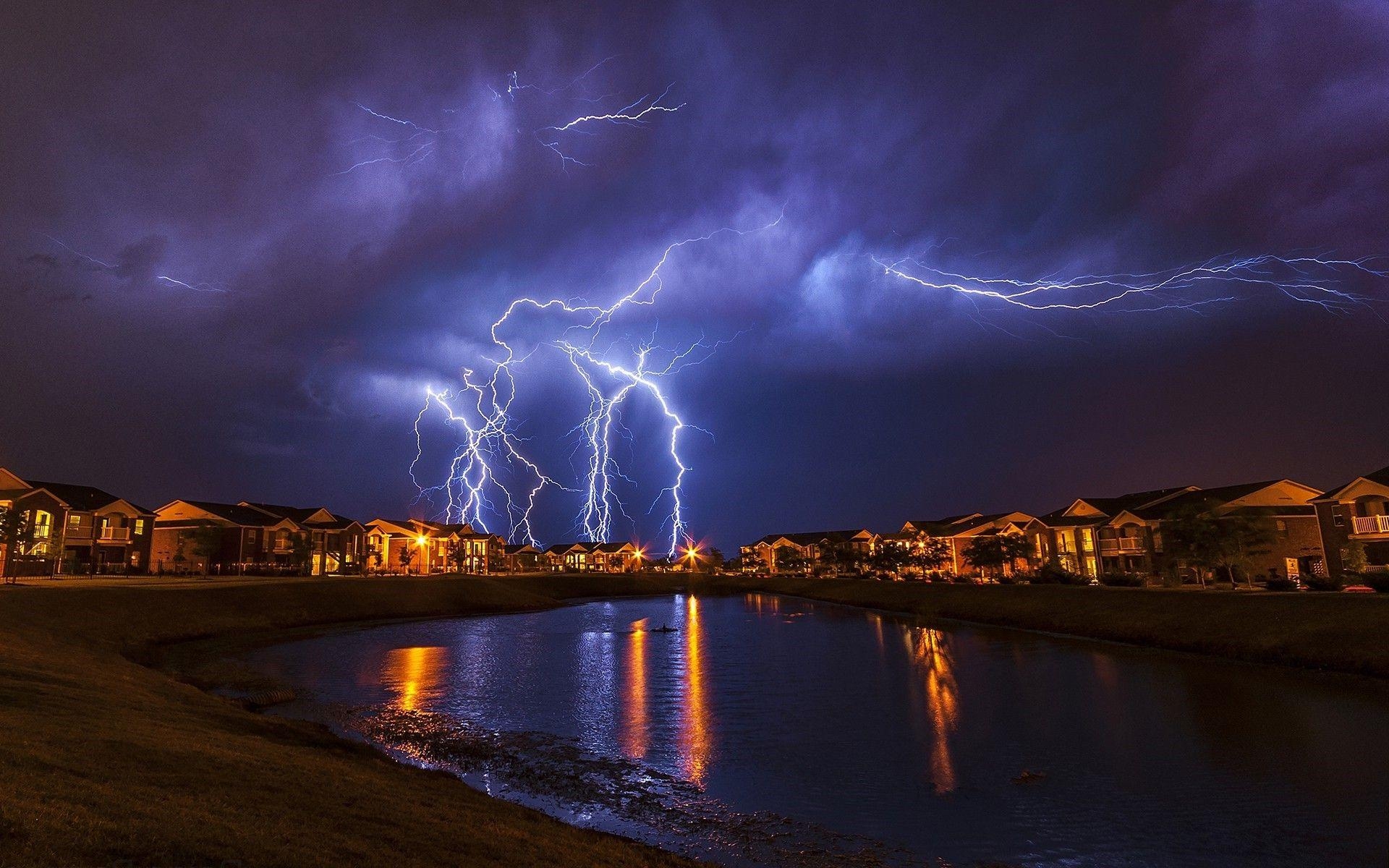 1920x1200 landscape lightning house reflection water storm oklahoma, Desktop