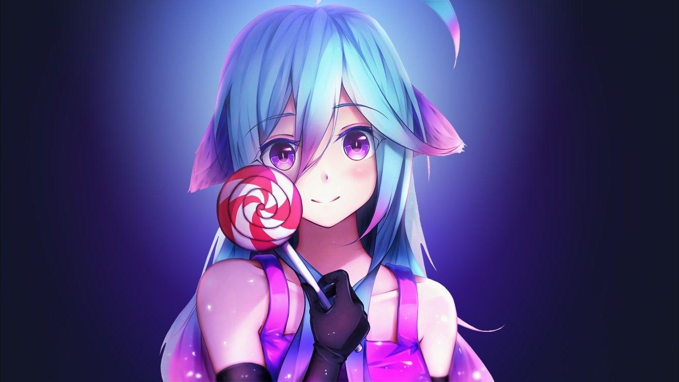 1370x770 Wallpaper Anime girl, Lollipop, 4K, Anime, Desktop