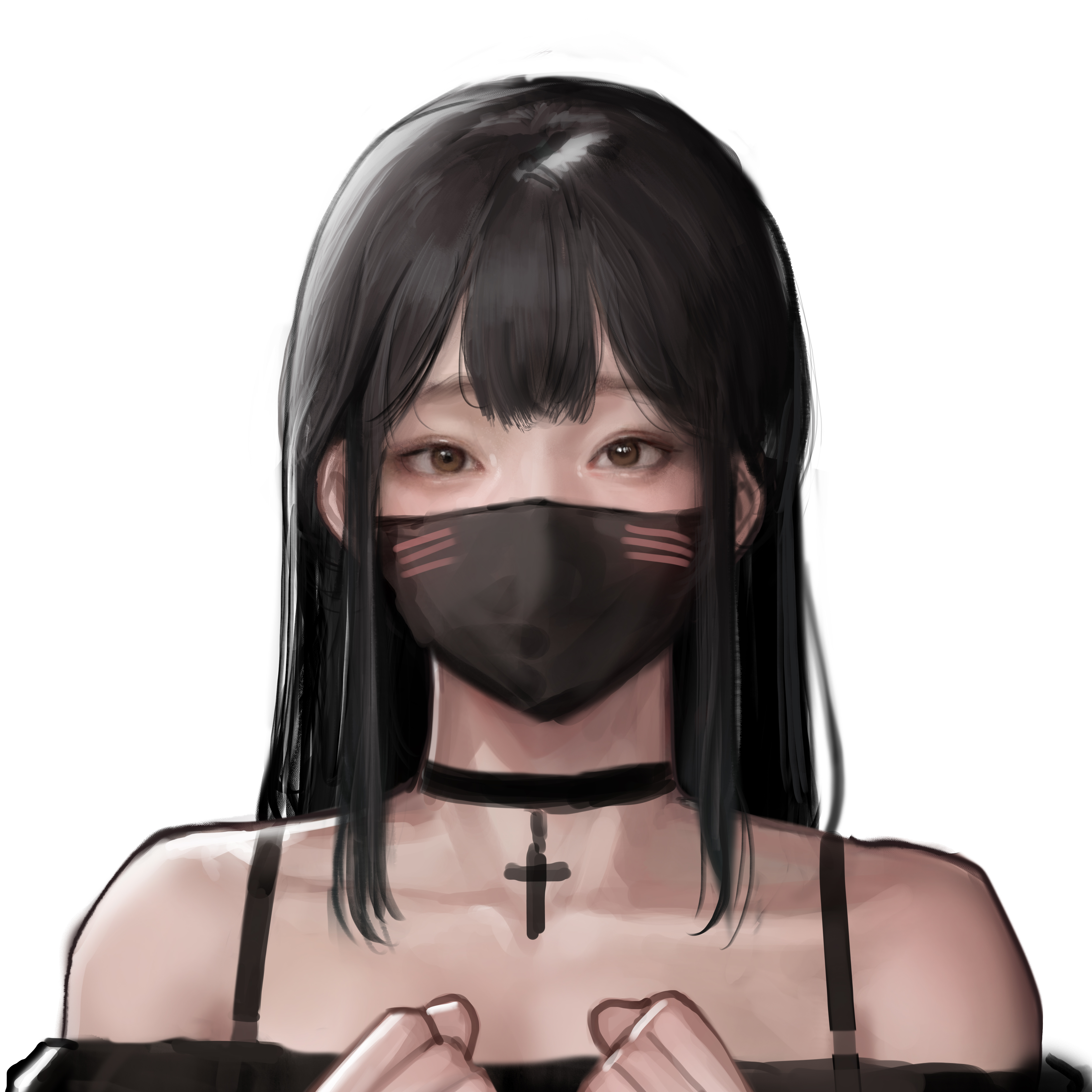 5000x5000 Anime Girls Black Hair Brown Eyes Asian Mask Digital Art Artwork White Background Wallpaper:, Phone