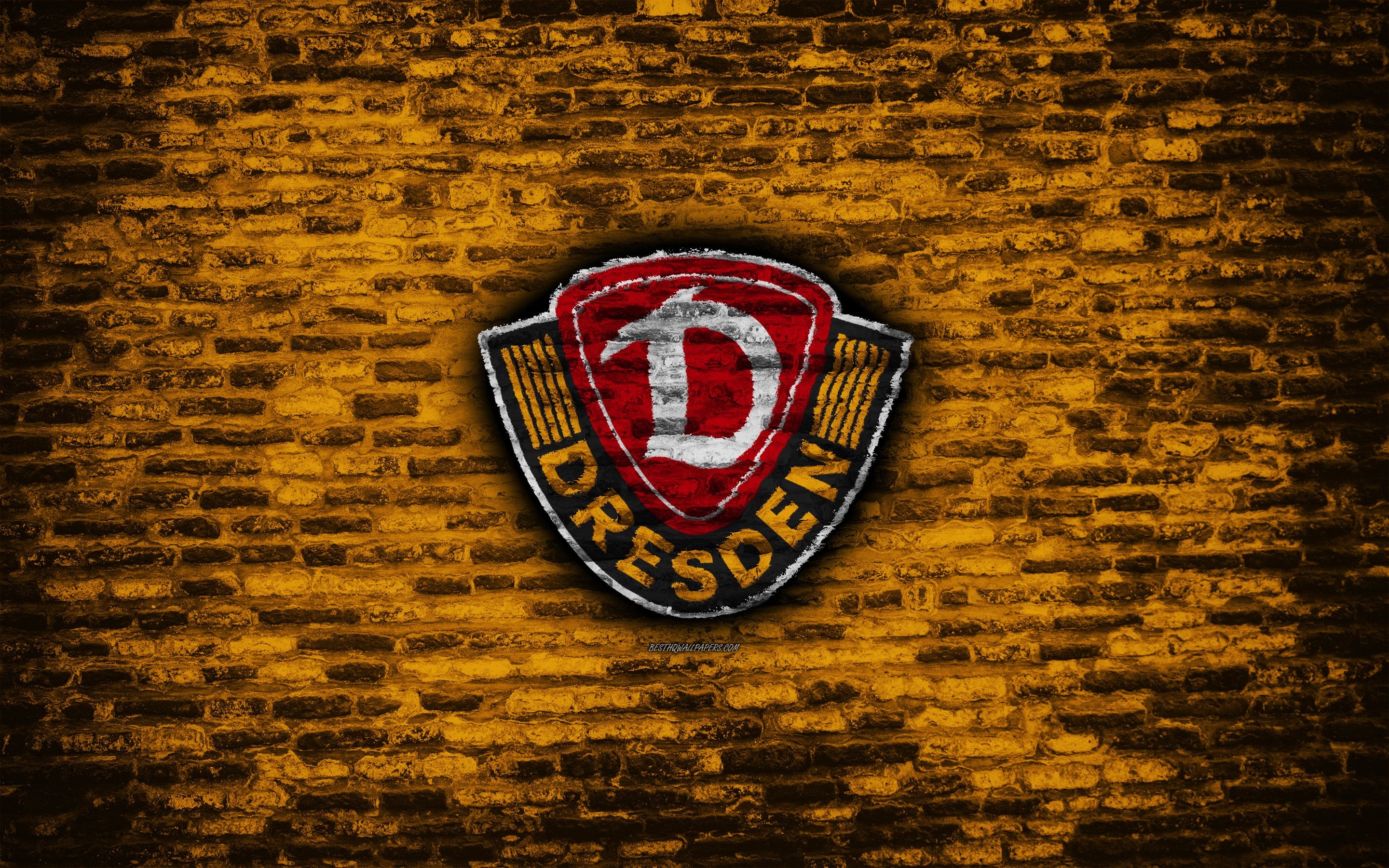 2880x1800 Download wallpaper Dynamo Dresden FC, logo, yellow brick wall, Bundesliga German football club, soccer, football, brick texture, Dynamo Dresden logo, Germany for desktop with resolution. High Quality HD picture wallpaper, Desktop