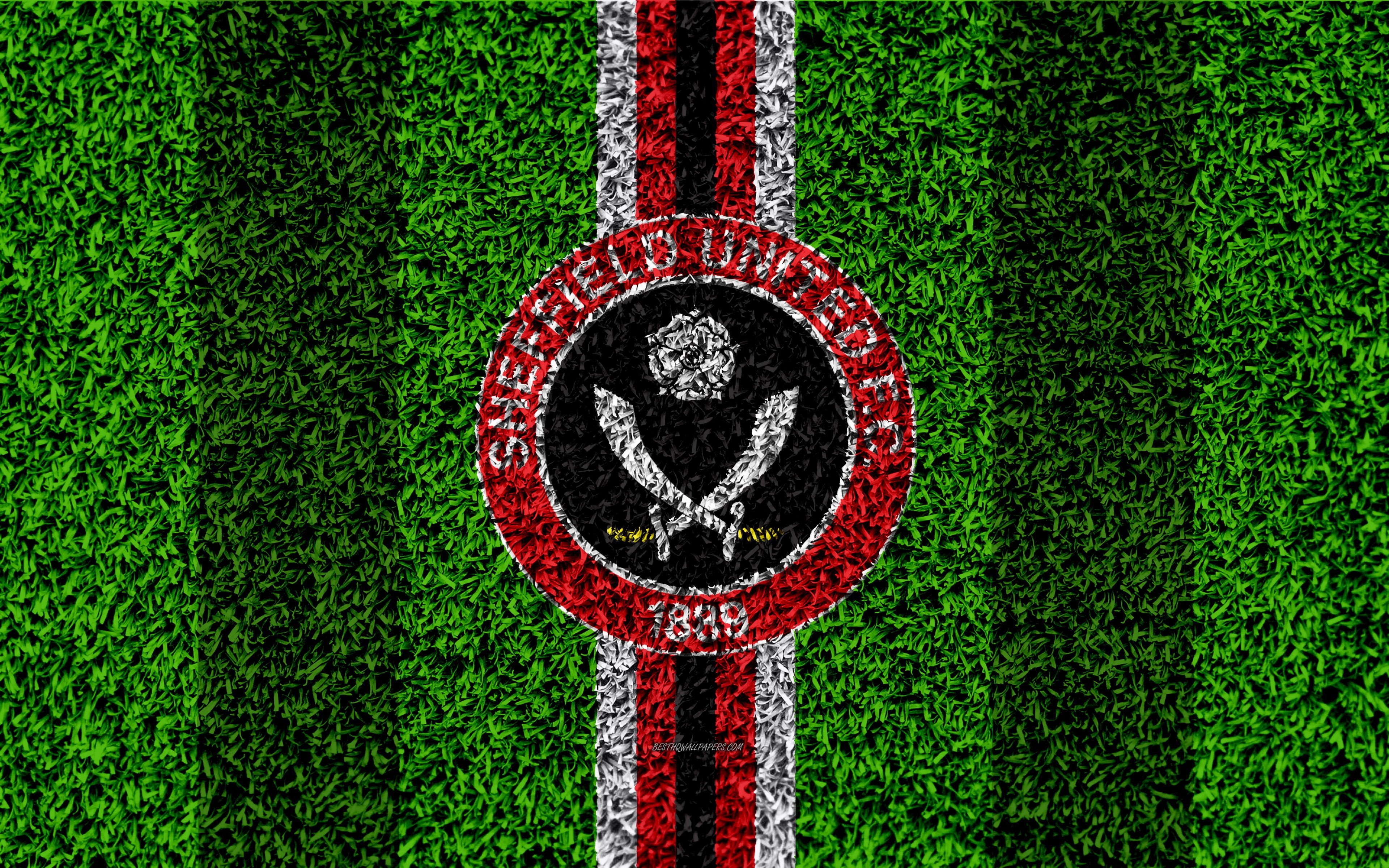 3840x2400 Download wallpaper Sheffield United FC, 4k, football lawn, logo, Desktop