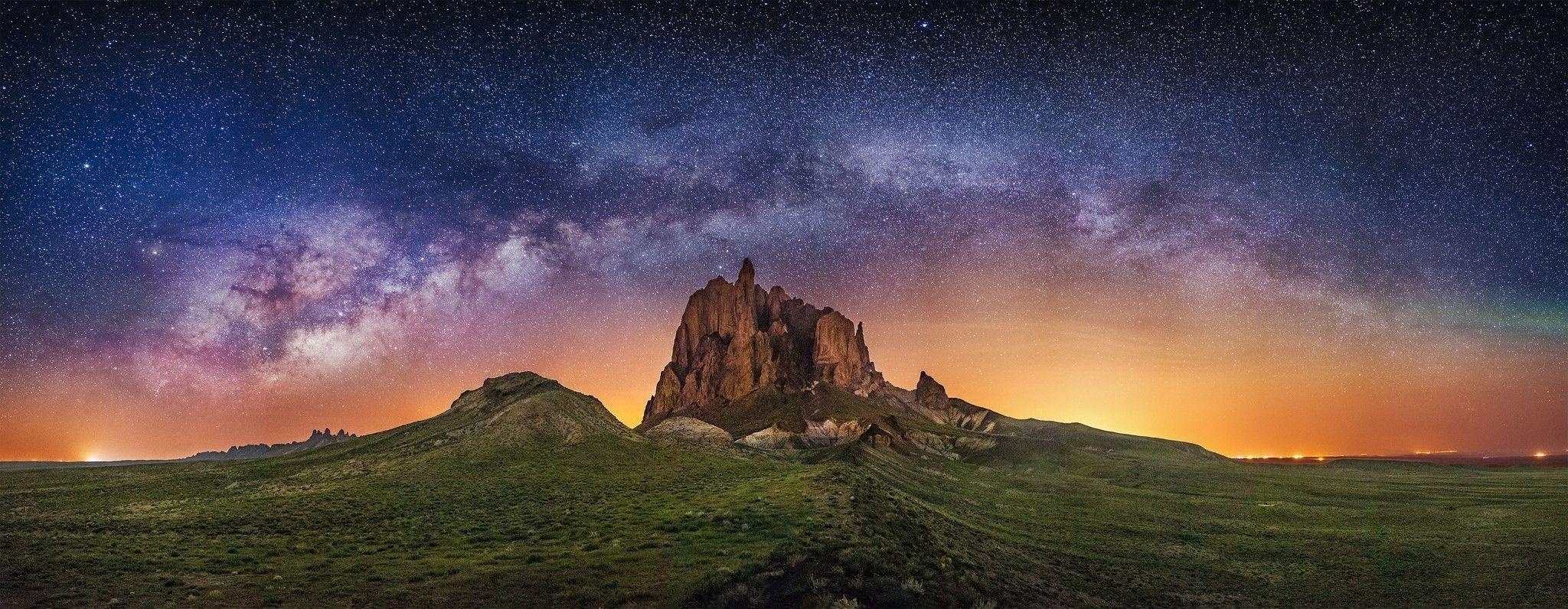 2050x800 nature, Photography, Landscape, Milky Way, Starry Night, Rock, Dual Screen