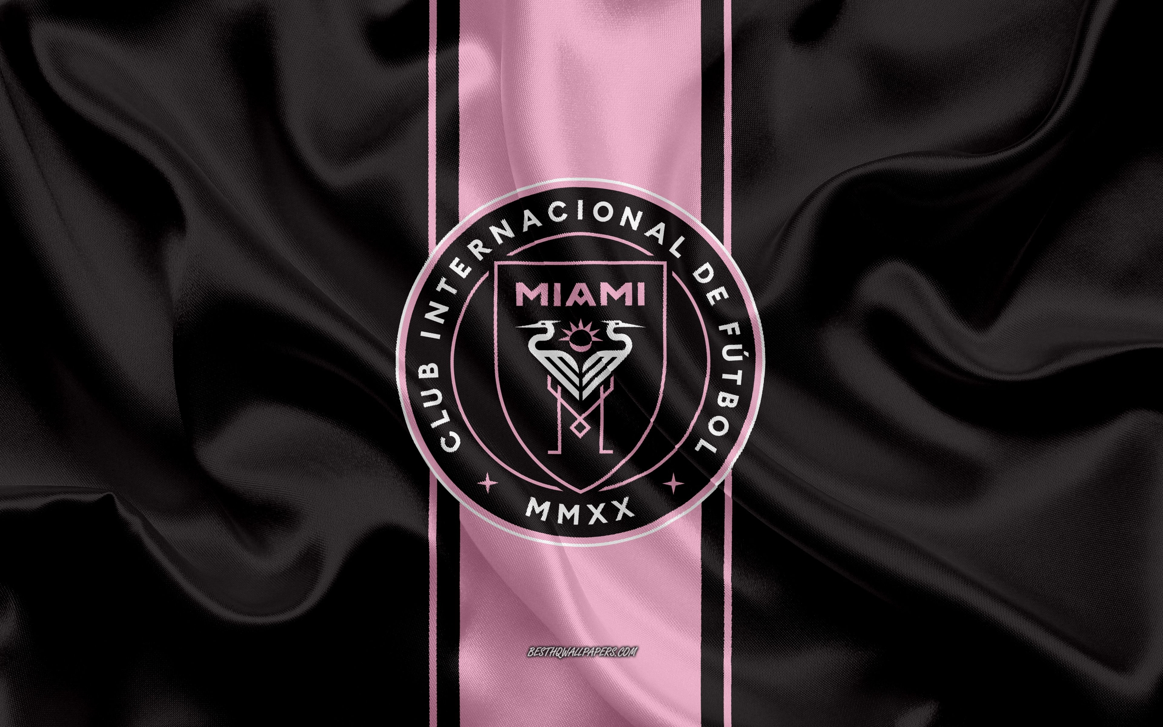 3840x2400 Download wallpaper Inter Miami CF logo, pink and black silk flag, Desktop