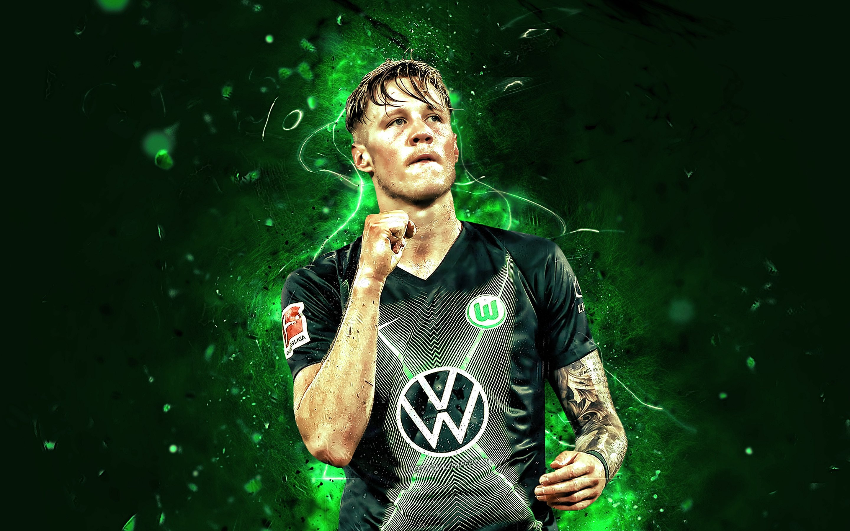 2880x1800 Download wallpaper Wout Weghorst, VfL Wolfsburg, dutch footballers, soccer, Weghorst, Bundesliga, football, neon lights, Germany for desktop with resolution. High Quality HD picture wallpaper, Desktop