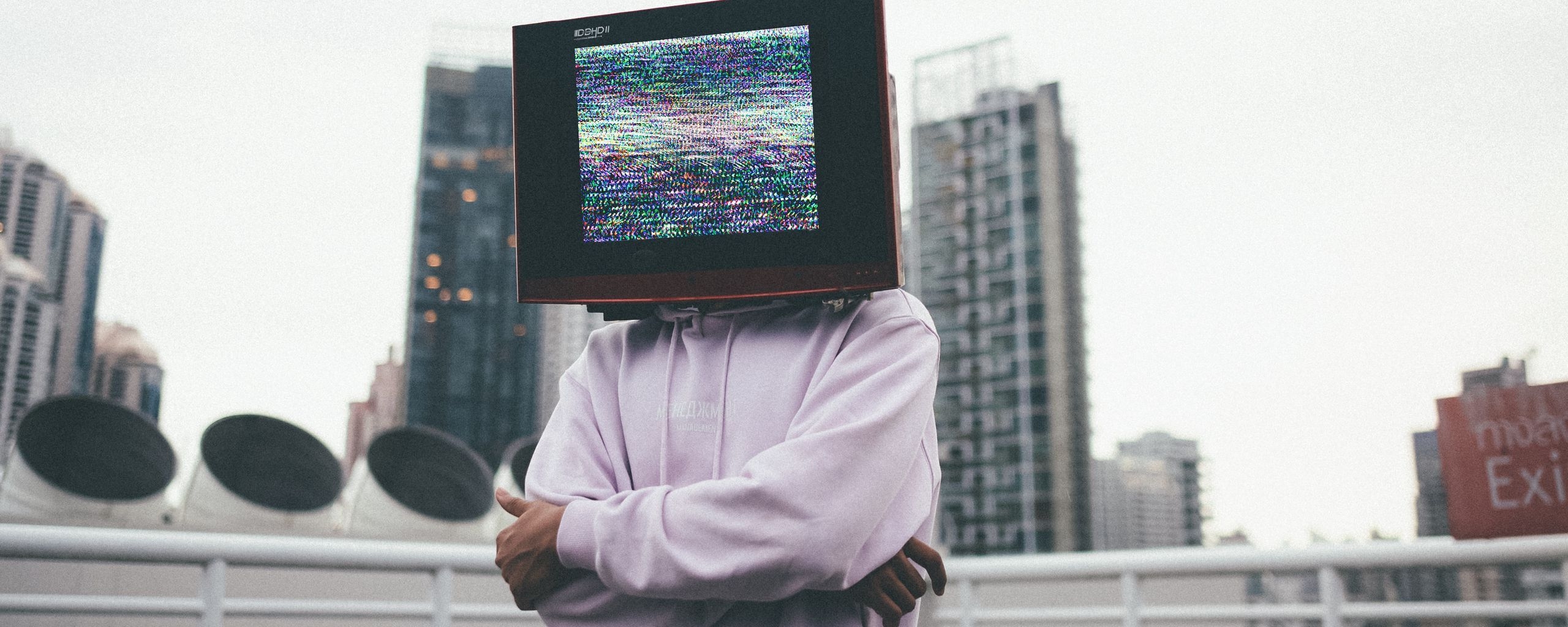 2560x1030 Download wallpaper  man, tv, interference, noise, Dual Screen