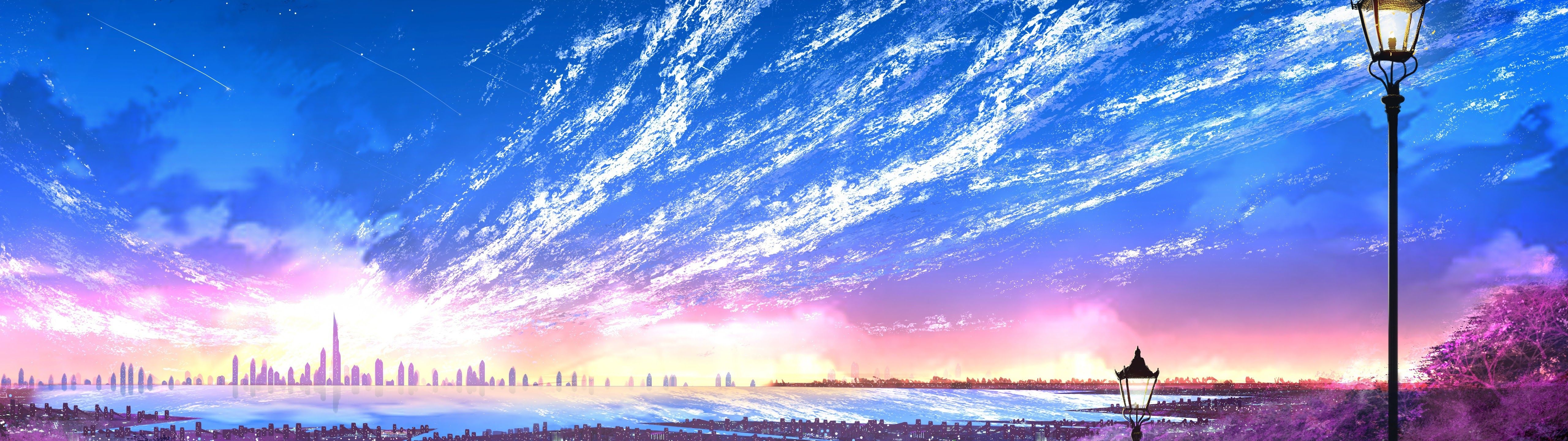 5120x1440 Sky City Scenery Horizon Landscape Anime 8K Wallpaper, Dual Screen