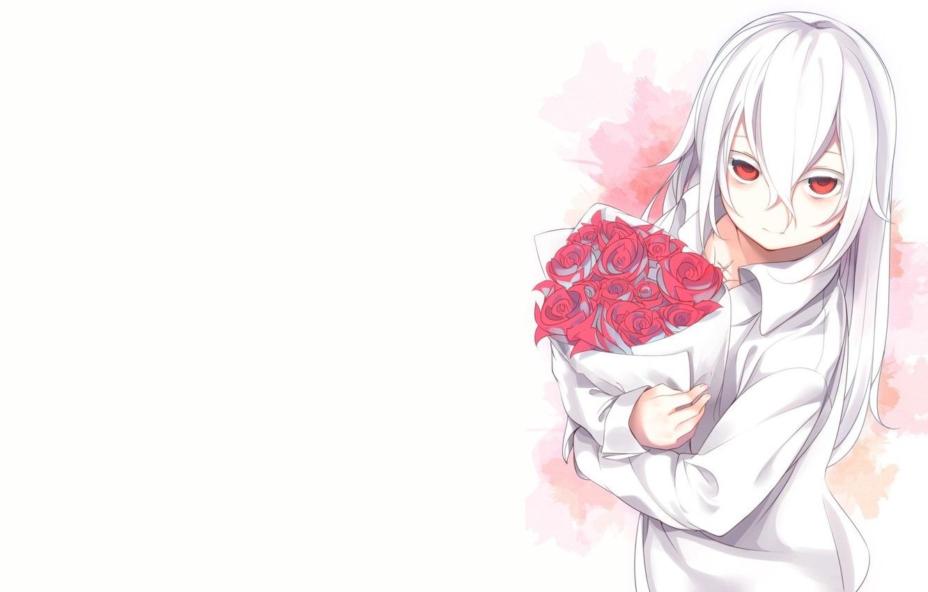 1340x850 Photo Wallpaper Roses, Bouquet, Anime, Art, Guy, Albino, Desktop