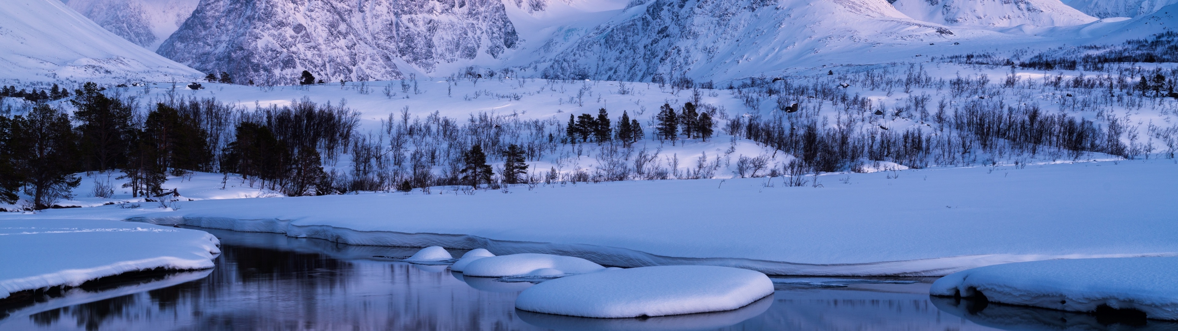 3840x1080 Winter Mountains Wallpaper 4K, Landscape, Lake, Cold, Dual Screen