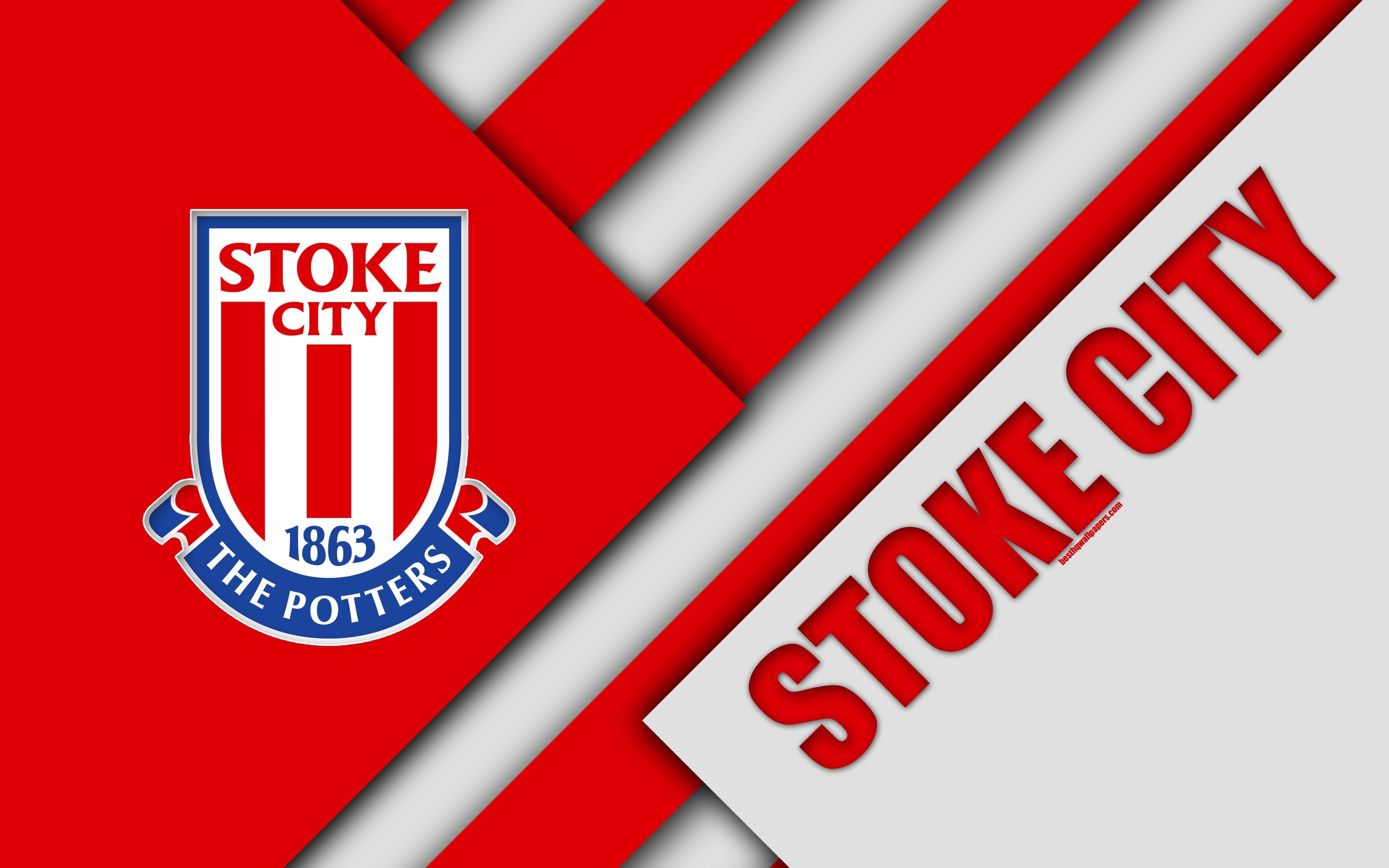 3840x2400 Download wallpaper Stoke City FC, logo, 4k, material design, white, Desktop