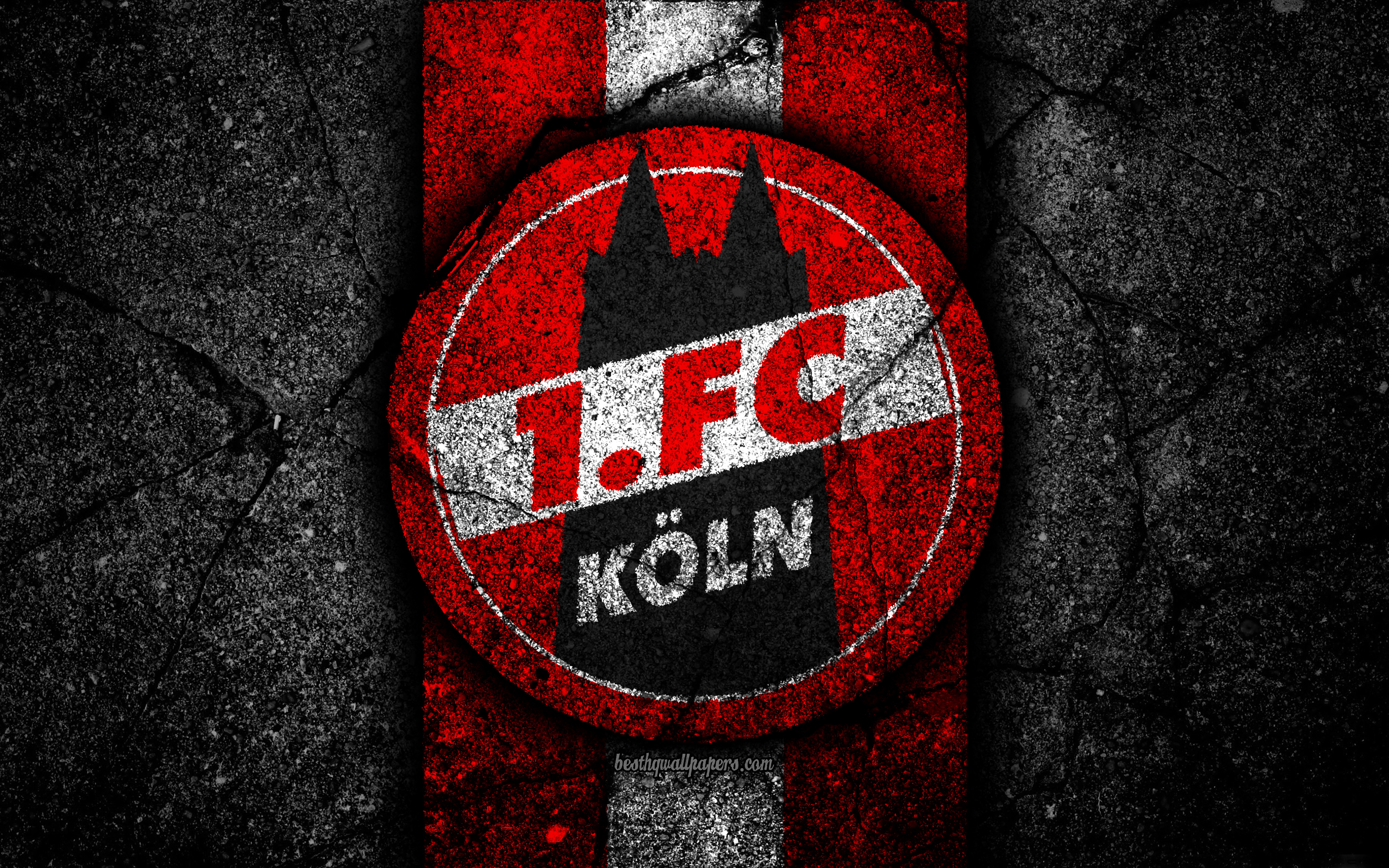 3840x2400 Download wallpaper Koln FC, 4k, grunge, logo, Bundesliga creative, German football team, black stone, Koln, emblem, asphalt texture, Germany, FC Koln for desktop with resolution. High Quality HD picture wallpaper, Desktop