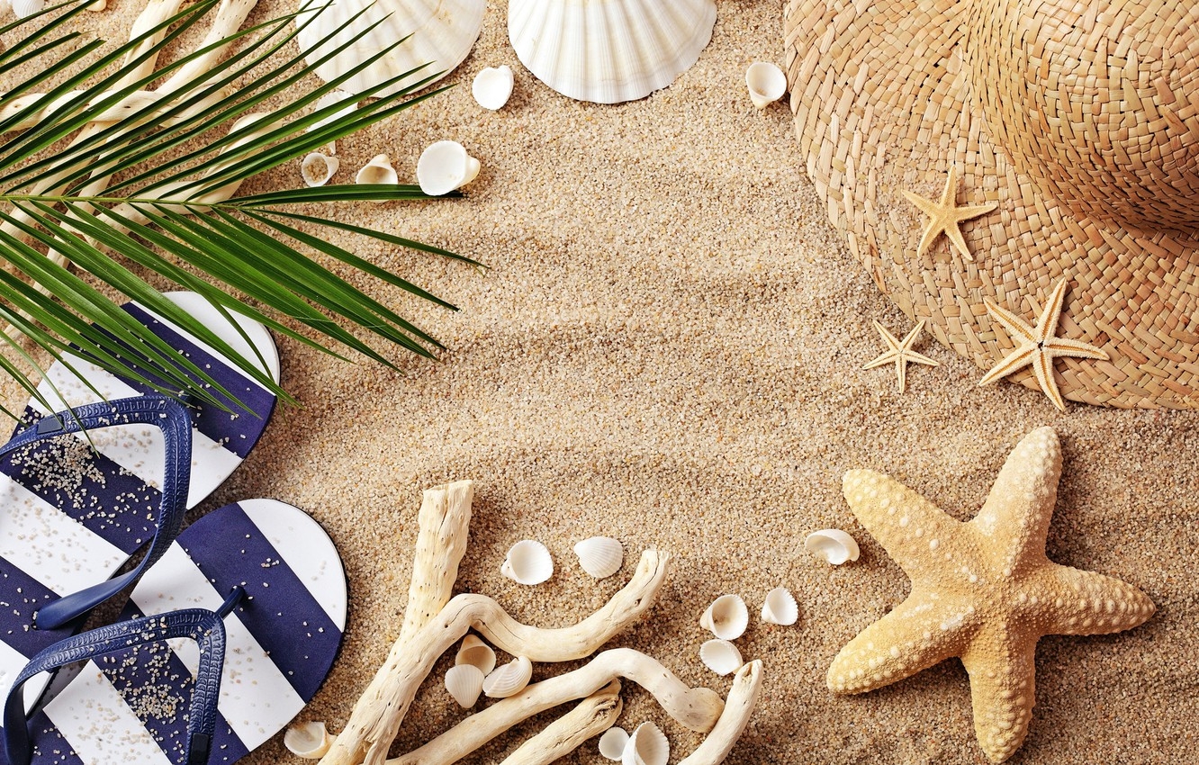 1340x850 Wallpaper sand, beach, summer, shell, hat, flip flops image for desktop, section настроения, Desktop