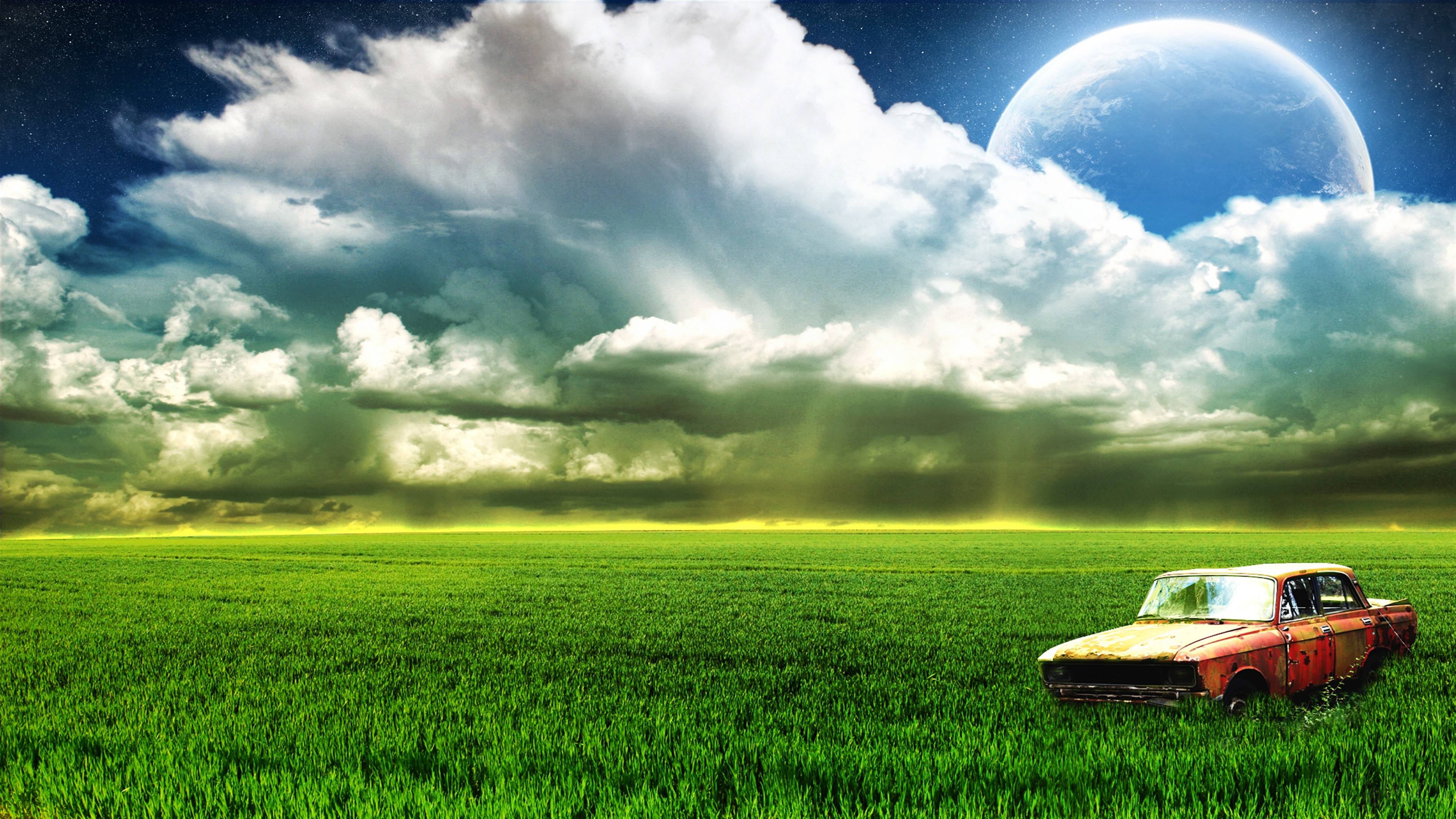 3840x2160 Farm Old Car Moon Clouds 4k Gallery HD Wallpaper, Desktop