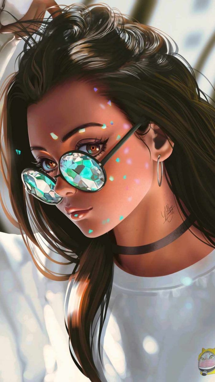 700x1250 Girl Portrait Lights Hanging Around Head Wallpaper, iPhone Wallpaper. Girl with sunglasses, Cartoon girl image, Digital art girl, Phone