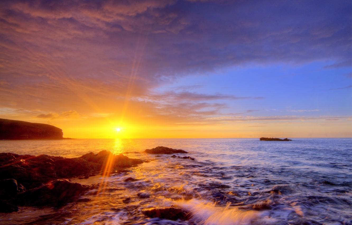 1340x850 Wallpaper beach, the sun, rays, light, sunset, stones, shore, Desktop