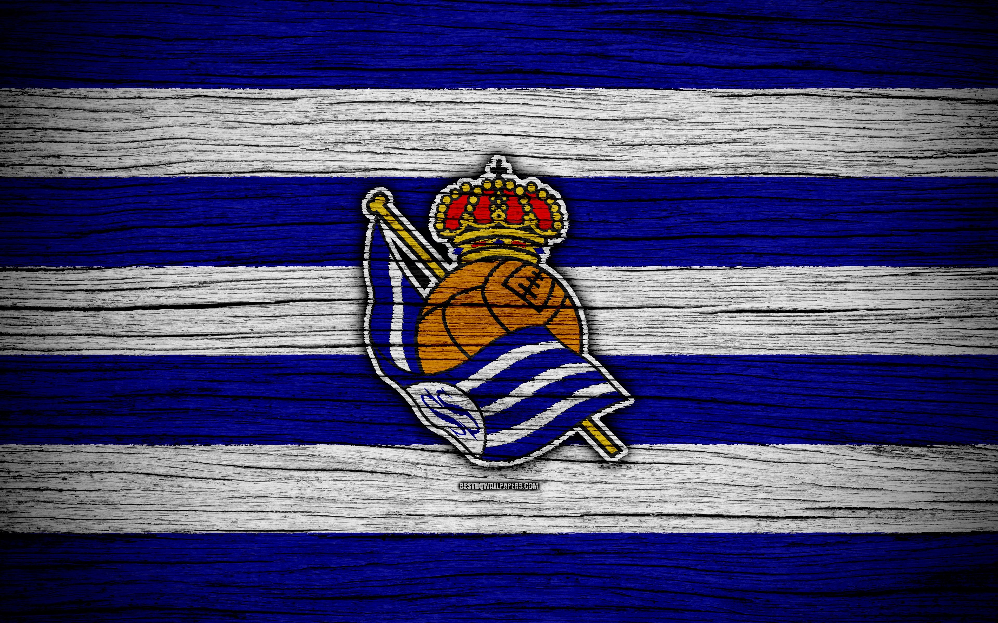 3840x2400 Download wallpaper FC Real Sociedad, 4k, Spain, LaLiga, wooden, Desktop