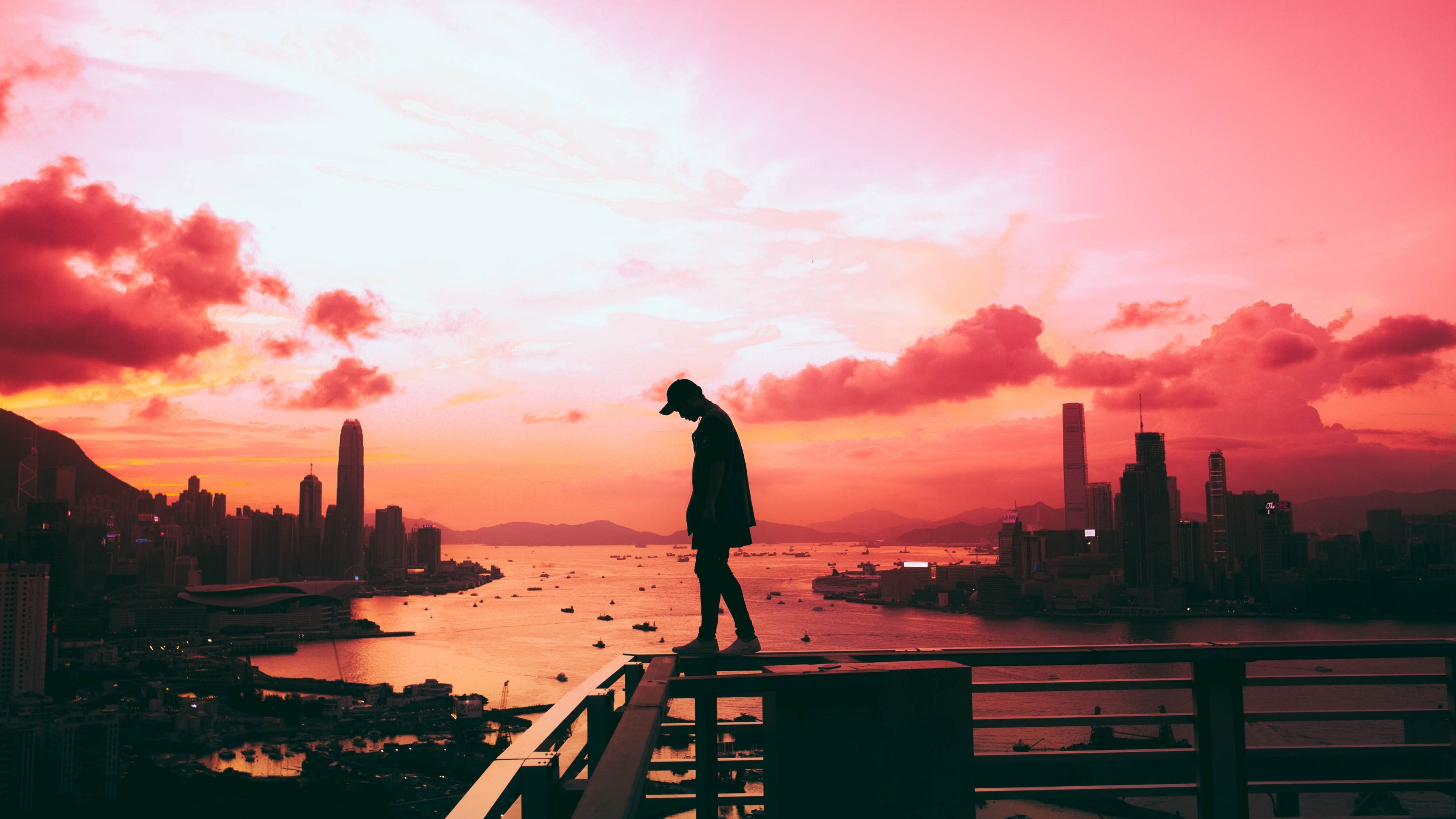 5120x2880 Alone 4K Wallpaper, Silhouette, Cityscape, Hong Kong City, Pink sky, Skyscrapers, River, Lifestyle, Desktop