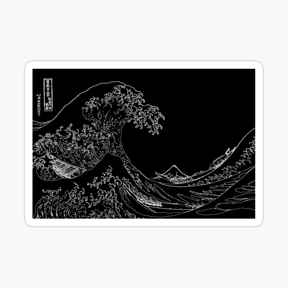 1000x1000 Great Wave Outline Black and White Photographic Print, Phone