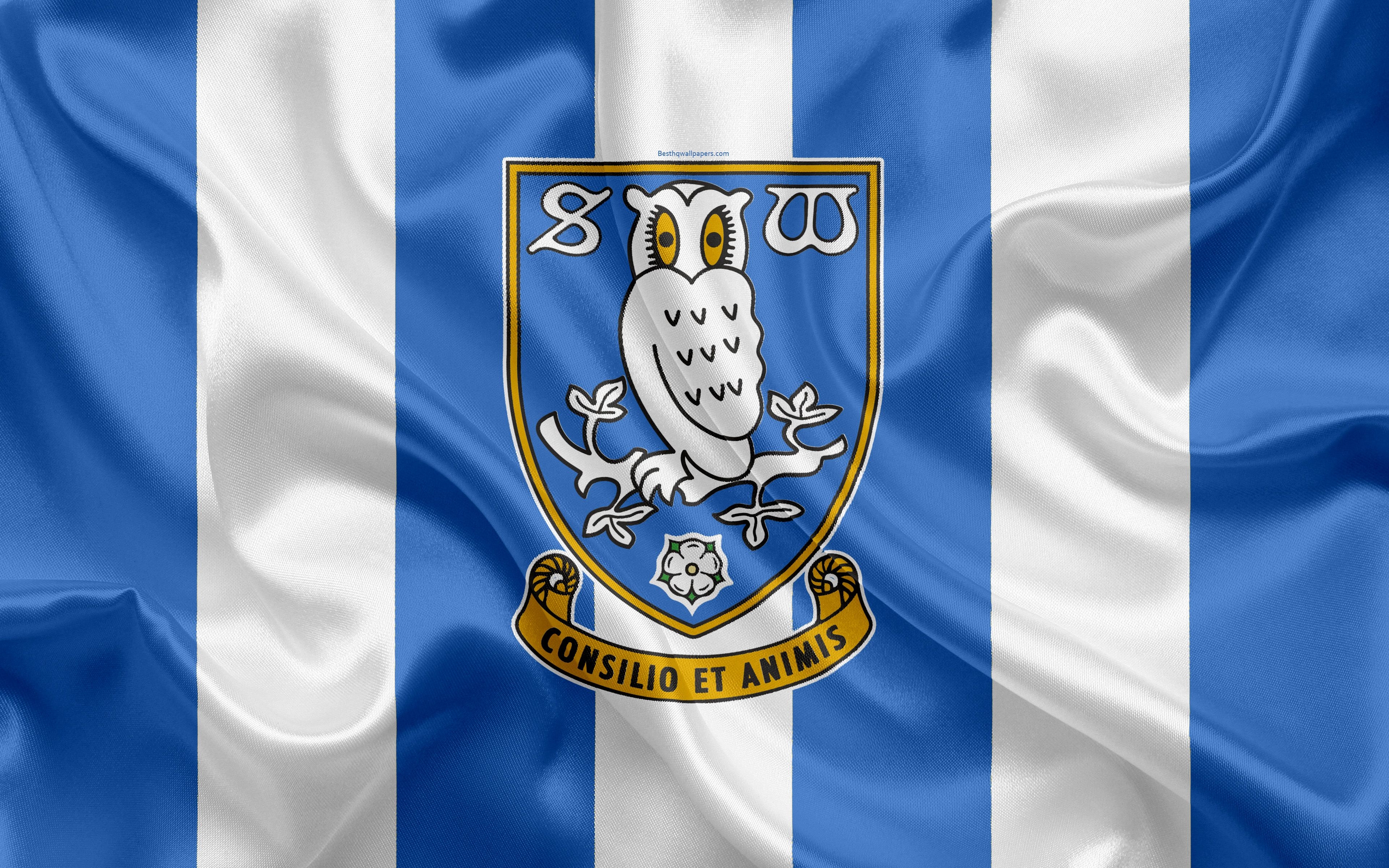 3840x2400 Download wallpaper Sheffield Wednesday FC, silk flag, emblem, Desktop