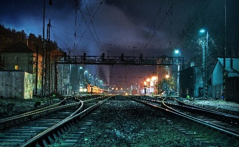 490x300 Night Lights Trains Railroad Tracks Vehicles Railroads Wallpaper, Desktop