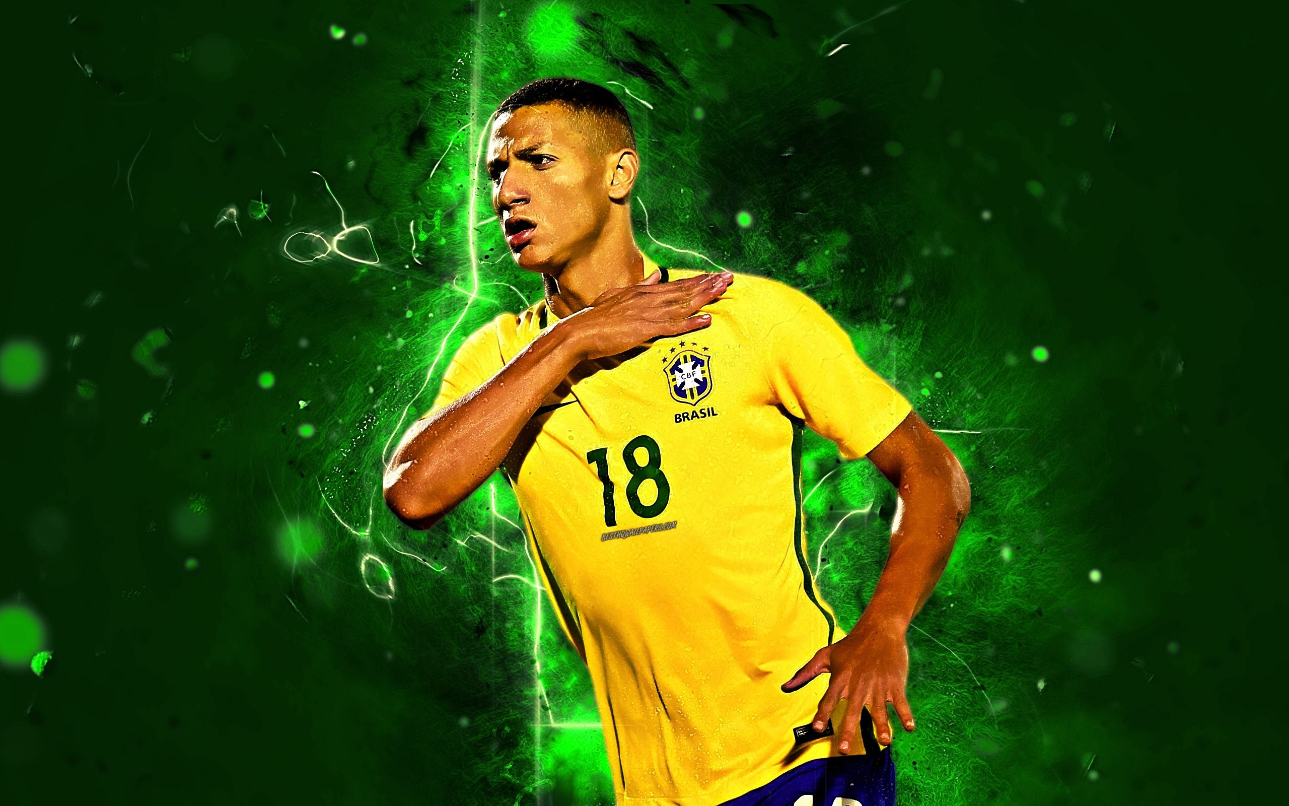 2560x1600 Download wallpaper Richarlison, goal, Brazil National Team, football stars, Richarlison de Andrade, soccer, neon lights, Brazilian football team for desktop with resolution. High Quality HD picture wallpaper, Desktop