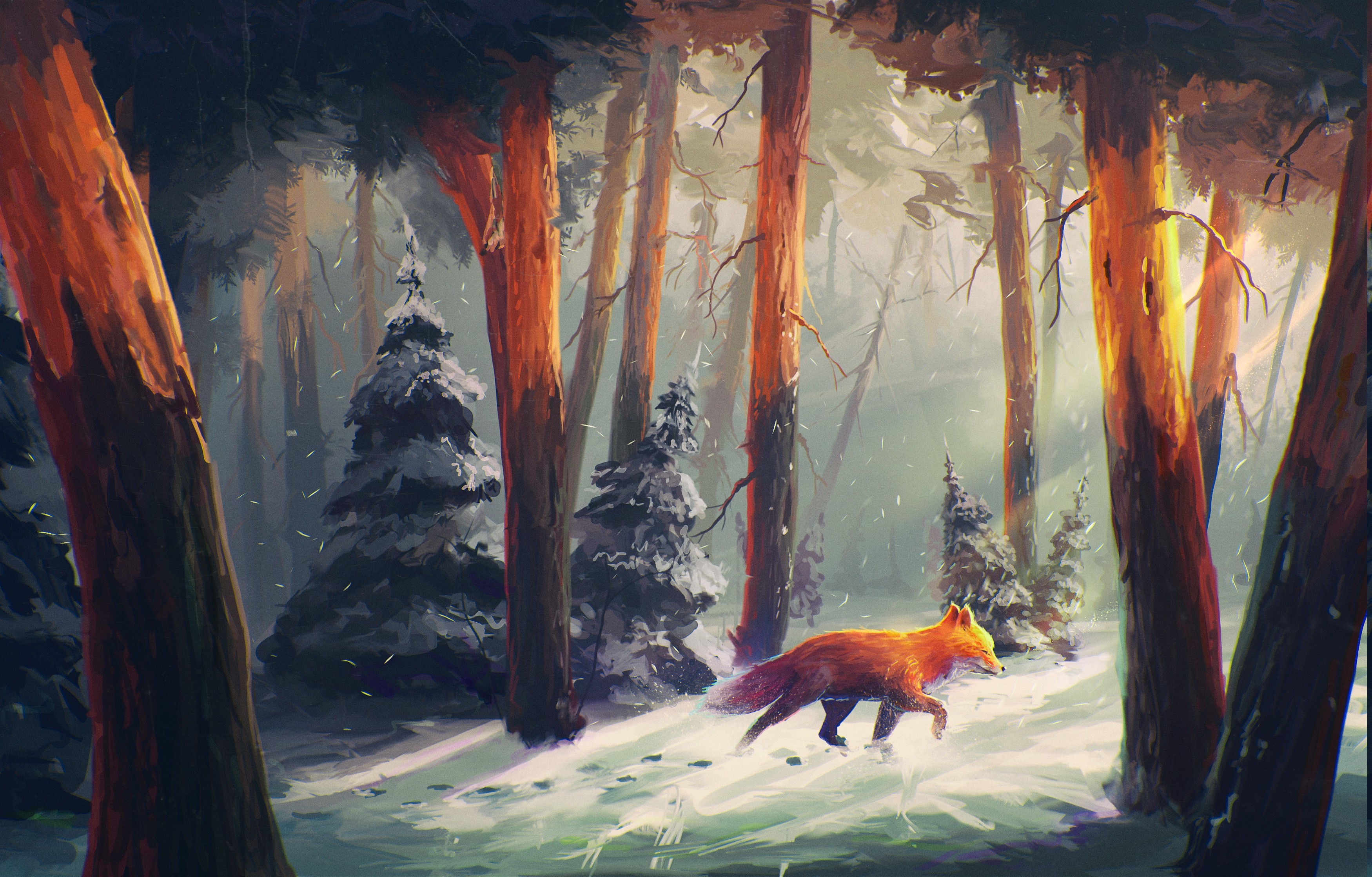 3500x2240 nature, Animals, Snow, Artwork, Digital Art, Forest, Sylar, Sunlight, Fox Wallpaper HD / Desktop and Mobile Background, Desktop