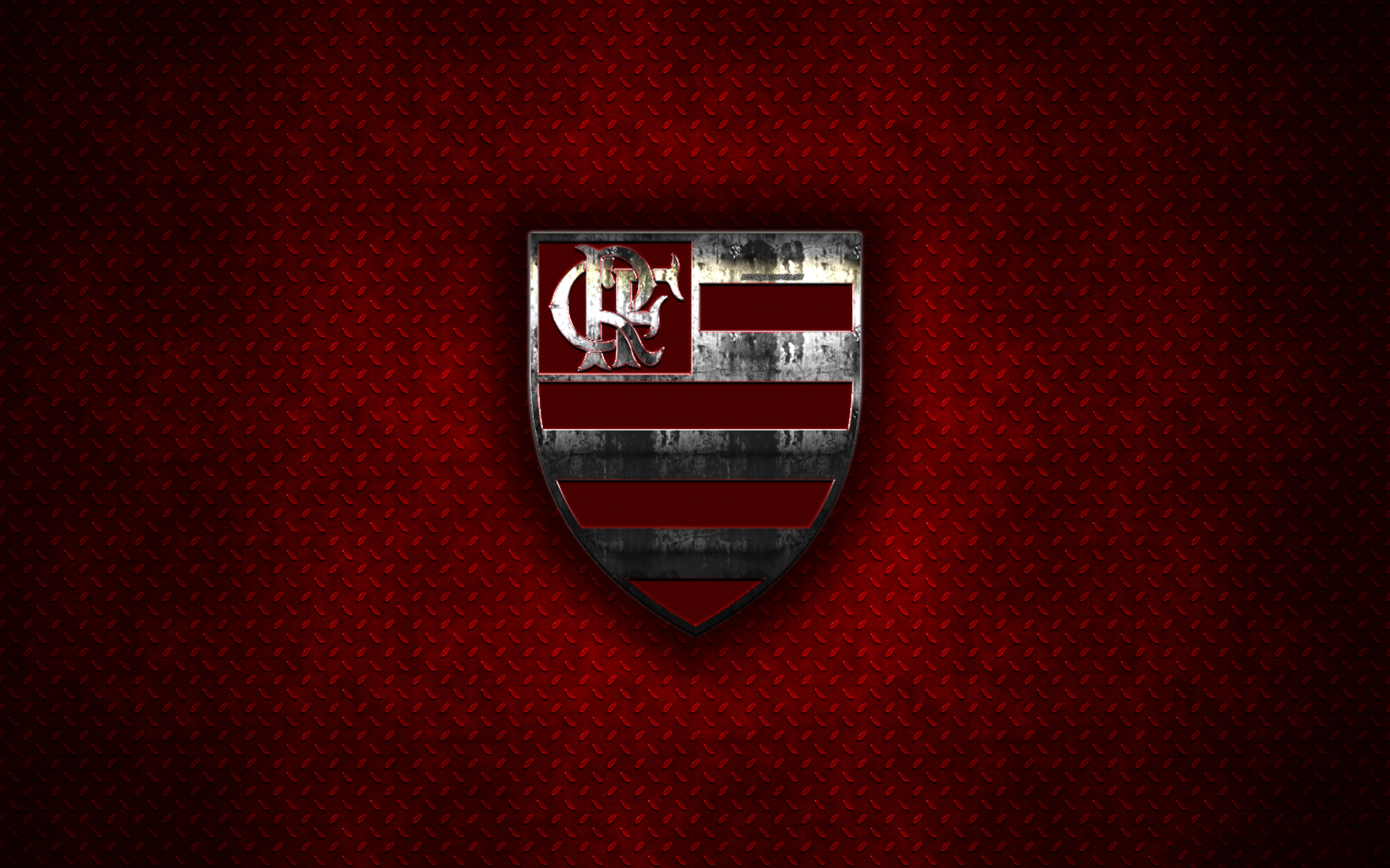 2560x1600 Download wallpaper Flamengo FC, Clube de Regatas do Flamengo, 4k, metal logo, creative art, Brazilian football club, Serie A, emblem, red metal background, Rio de Janeiro, Brazil, football for desktop with resolution, Desktop