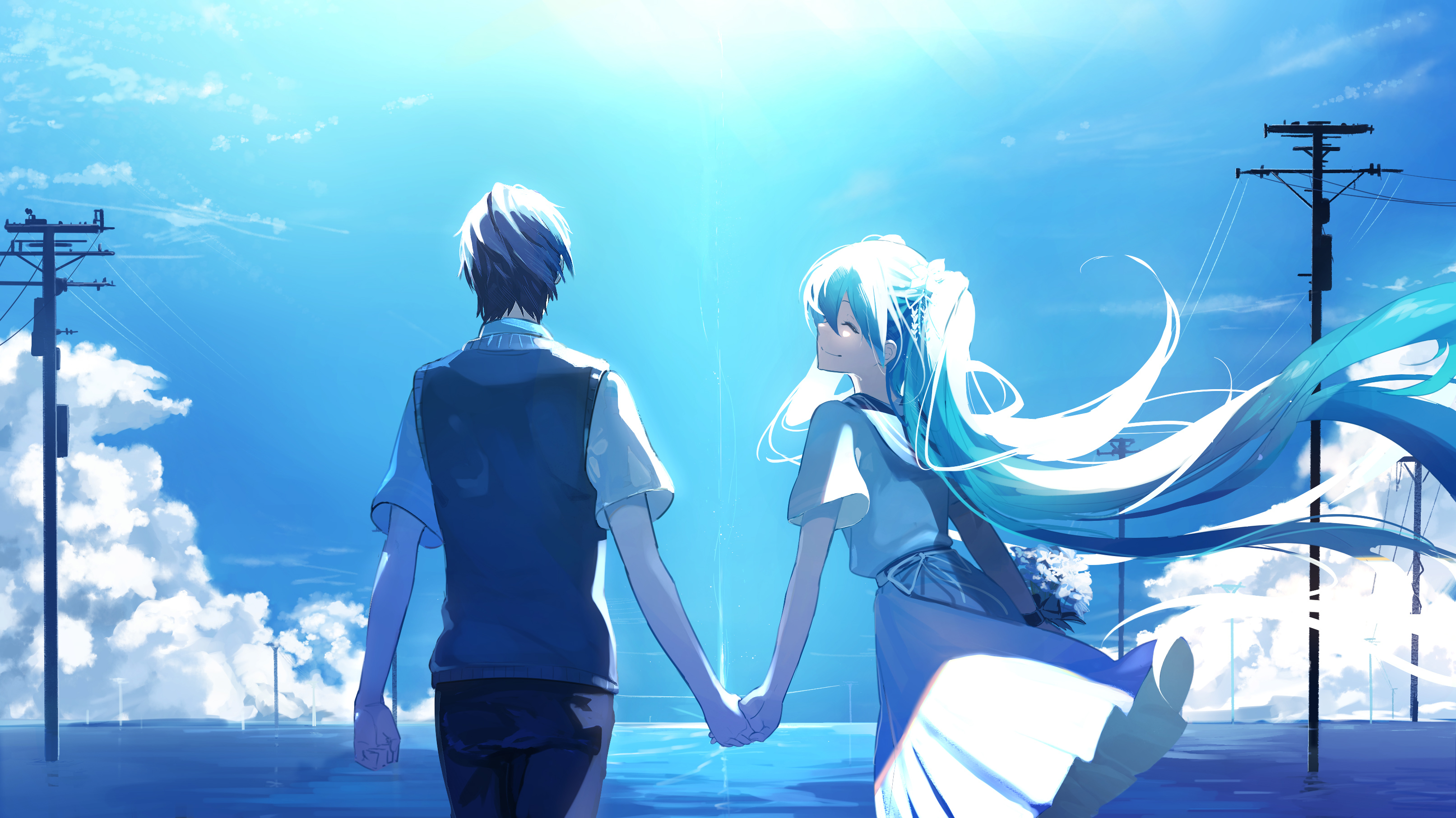 3230x1820 Anime Couple Holding Hands Hatsune Miku, HD Anime, 4k Wallpaper, Desktop