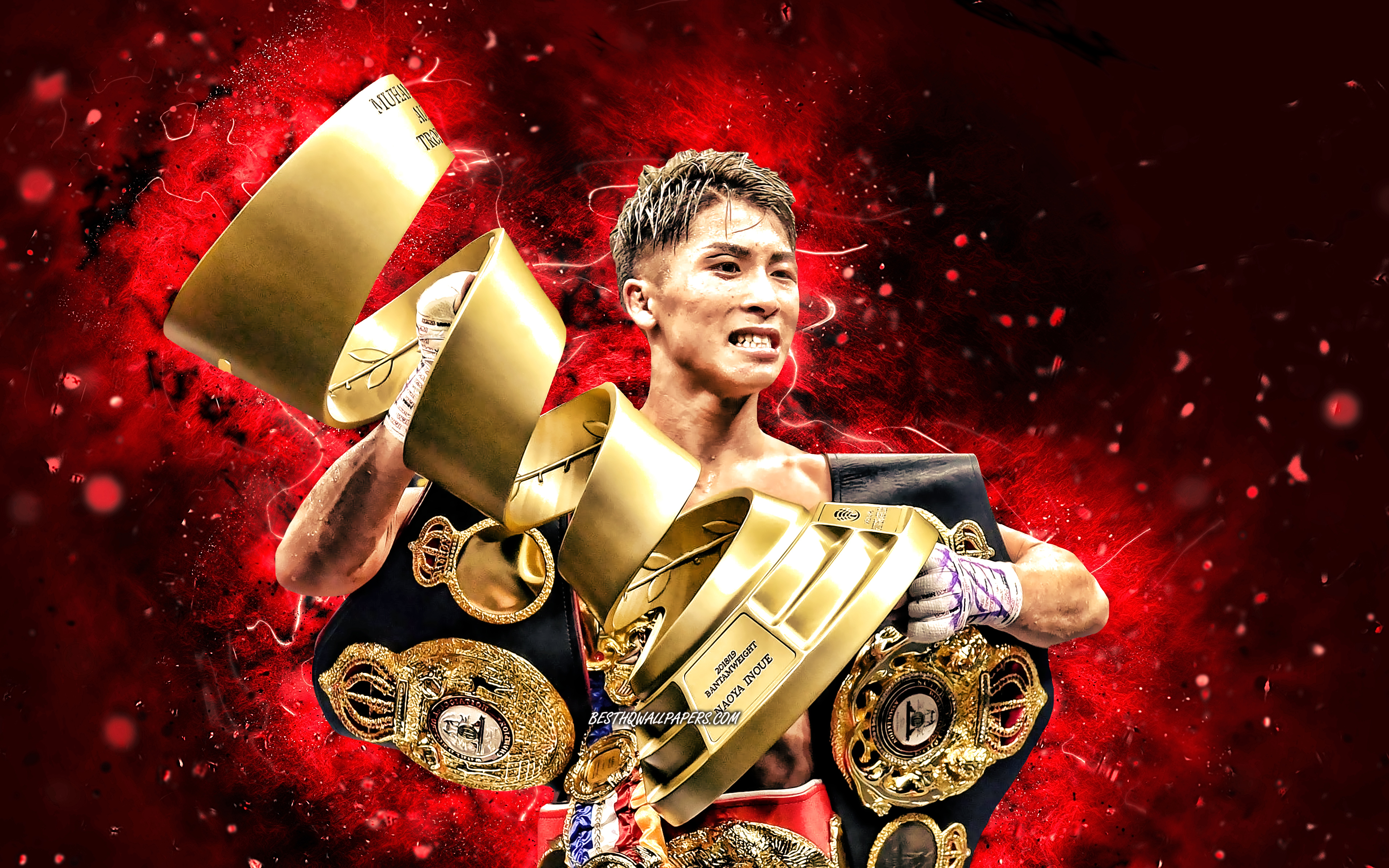 3840x2400 Download wallpaper Naoya Inoue, 4k, red neon lights, japanese boxer, WBC, WBO, WBA, IBF, The Ring, OPBF, Naoya Inoue with belts, boxers, Monster, Naoya Inoue 4K for desktop with resolution. High, Desktop