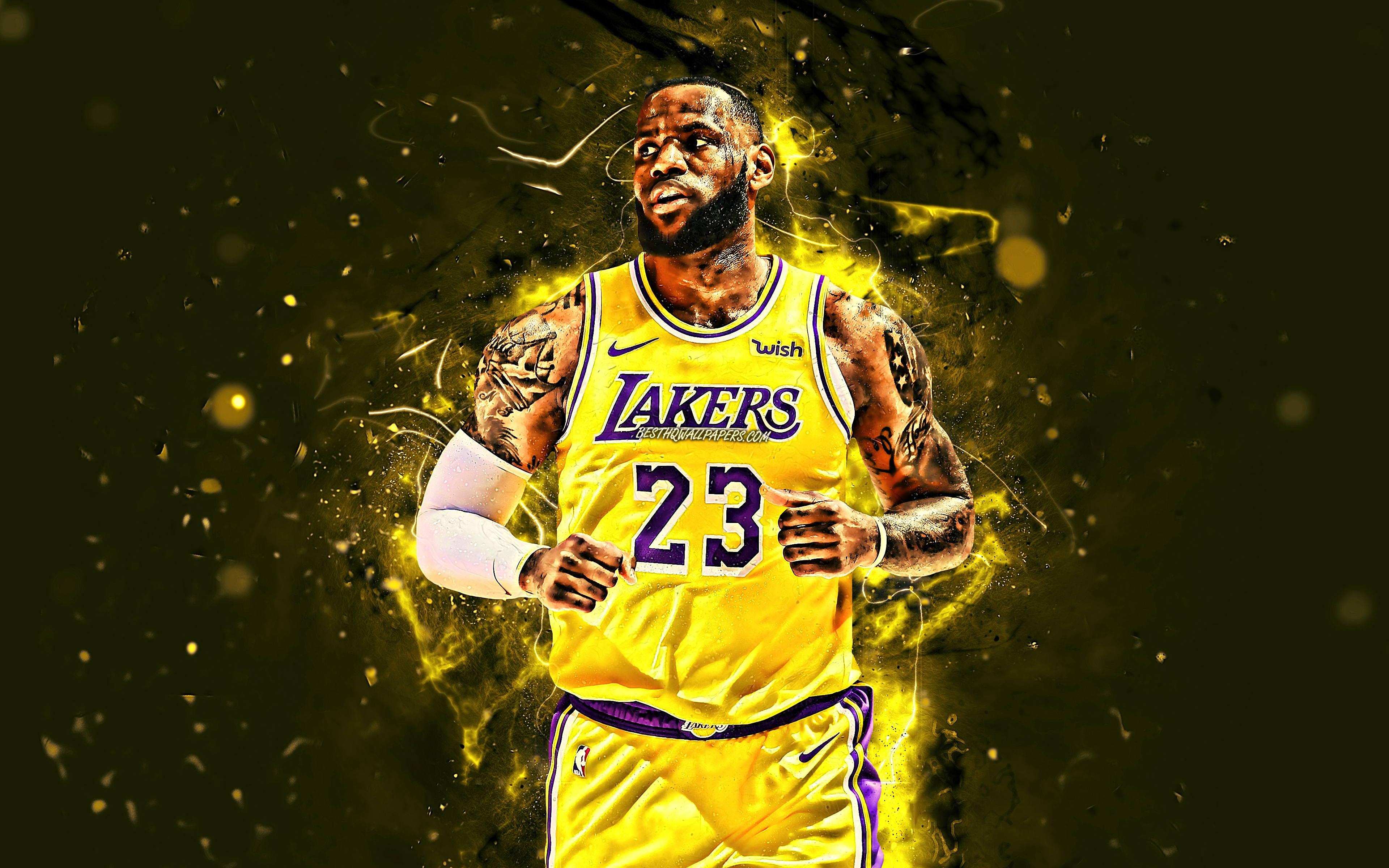 3840x2400 Download wallpaper 4k, LeBron James, yellow uniform, NBA, Los Angeles Lakers, basketball stars, neon lights, LeBron Raymone James Sr, LA Lakers, abstract art, creative, basketball, LeBron James Lakers for desktop with resolution, Desktop