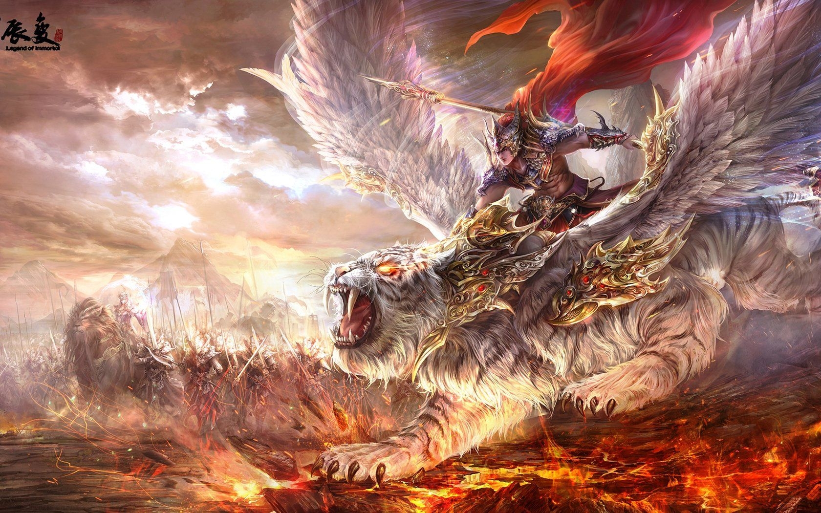 1680x1050 Warrior weapon tiger wings grin flame army magic wallpaperx1050, Desktop