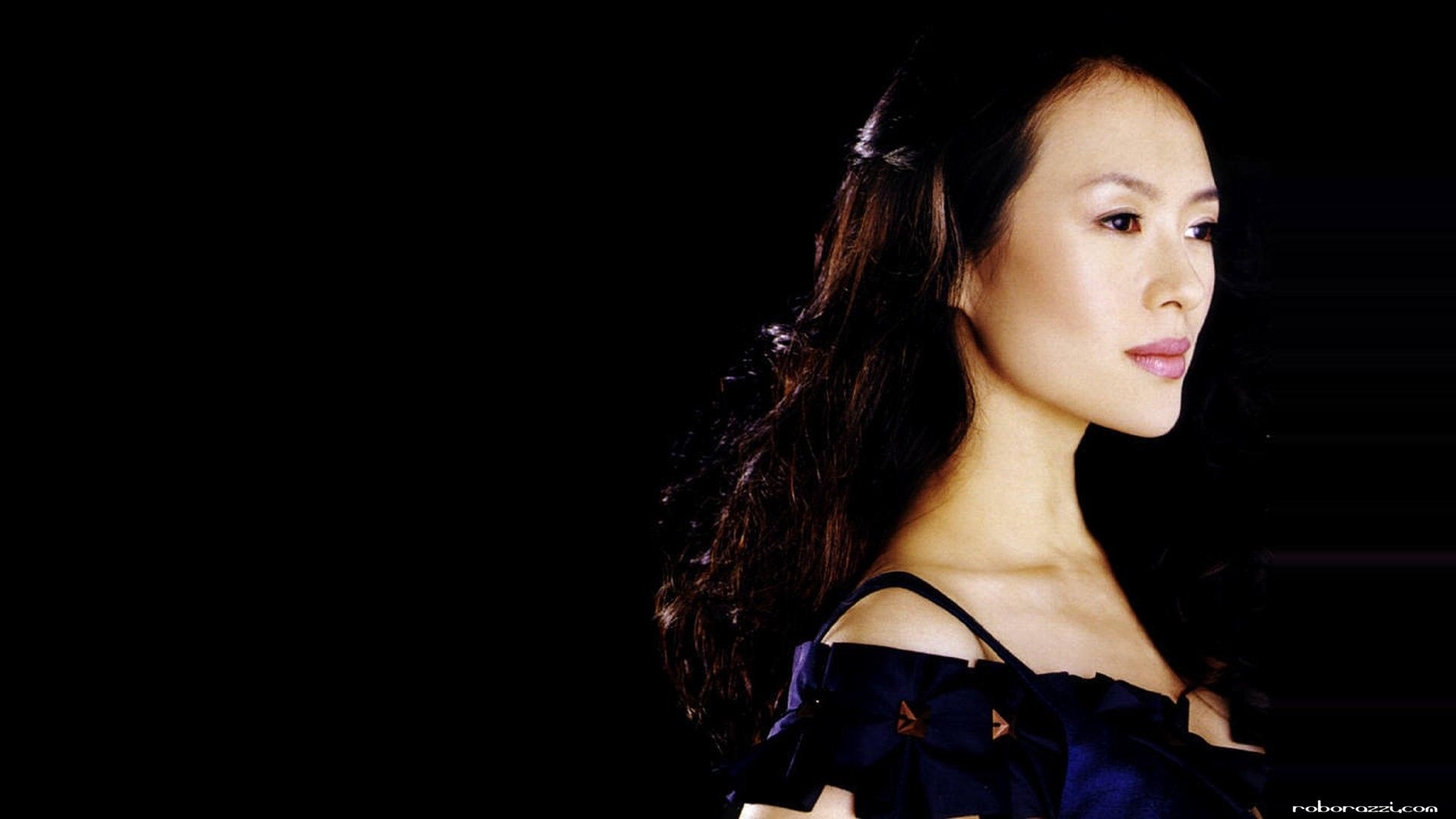 1920x1080 Zhang ziyi, background, black, against, thoughtful, image, Desktop