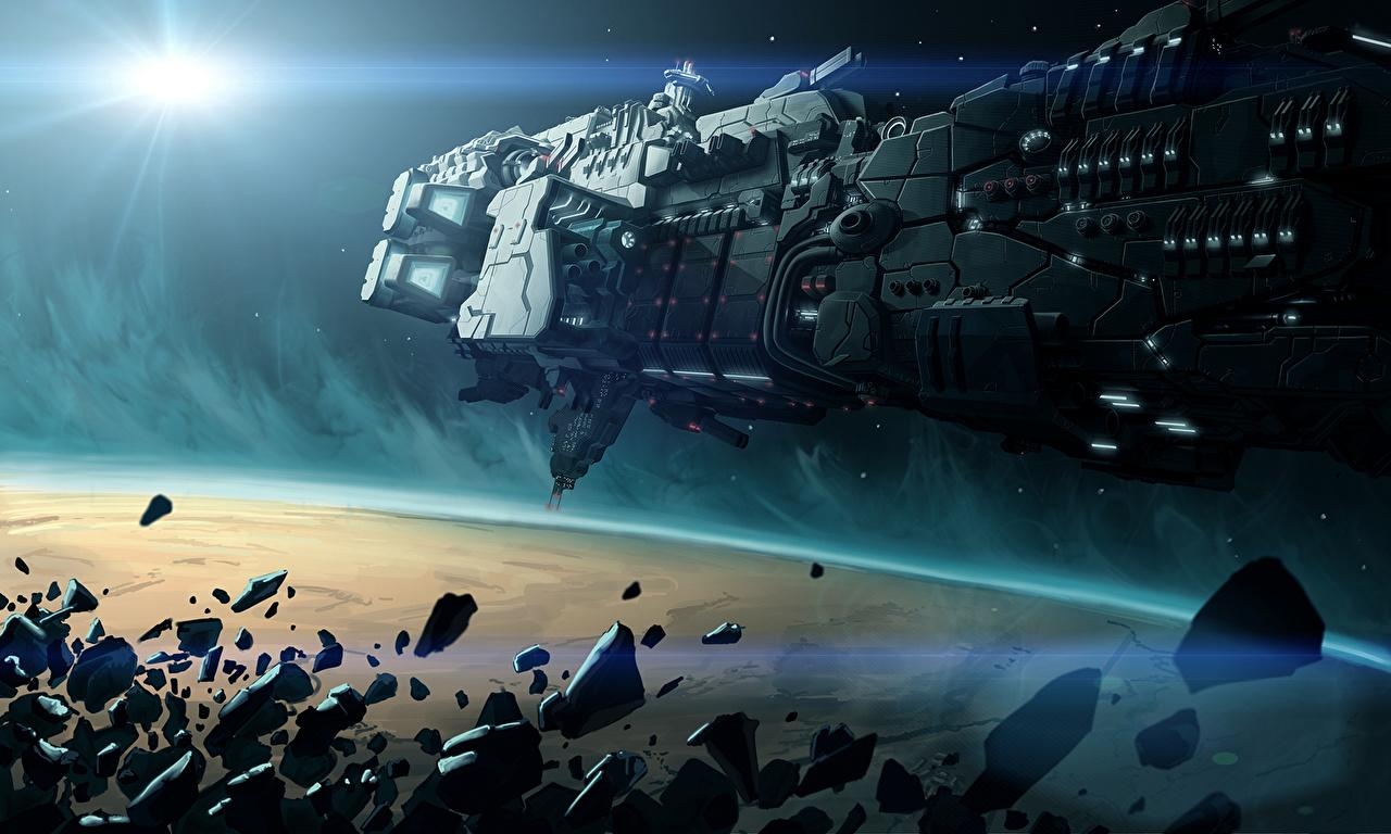 1280x770 Desktop Wallpaper Starship Asteroids Space Fantasy ship, Desktop