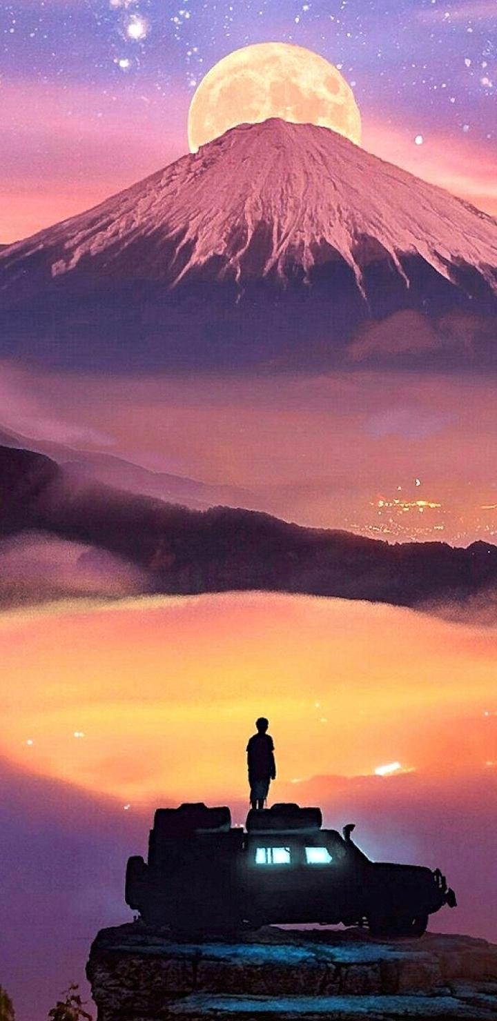 720x1480 Man Watching Moon Rising Over Mountains  Resolution, Phone