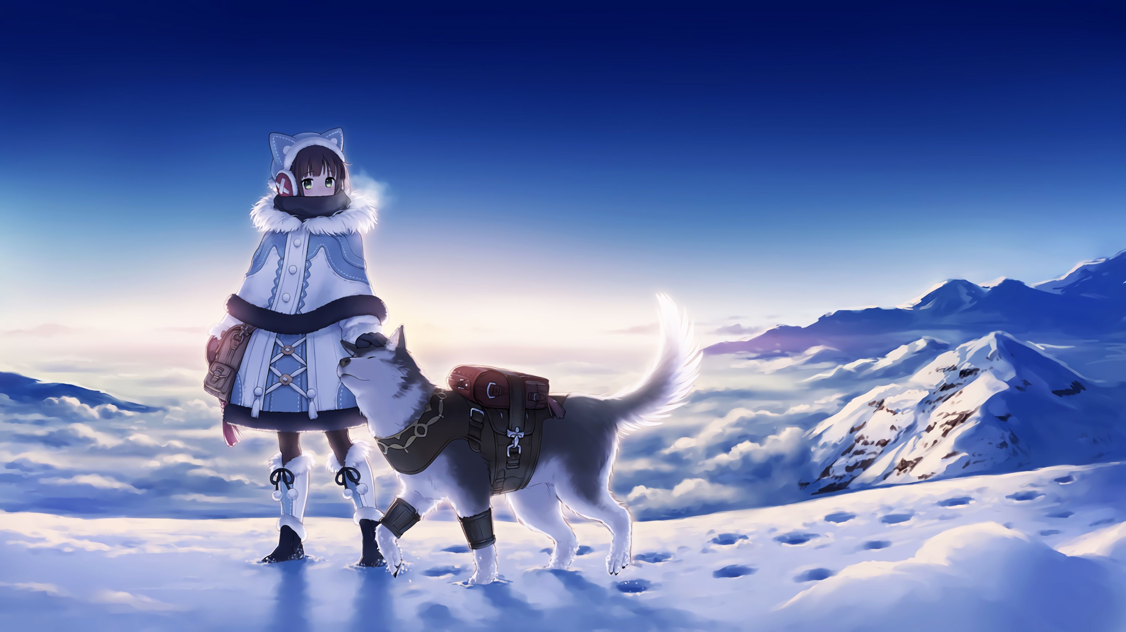 3840x2160 Wallpaper, anime girls, dog, snow, Desktop