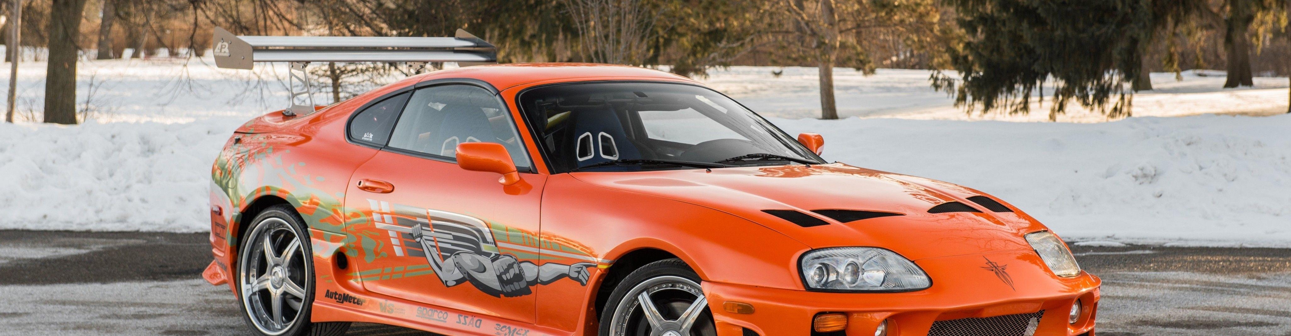 4110x1070 Download  Toyota Supra, Orange, Racing, Cars, The Fast, Dual Screen