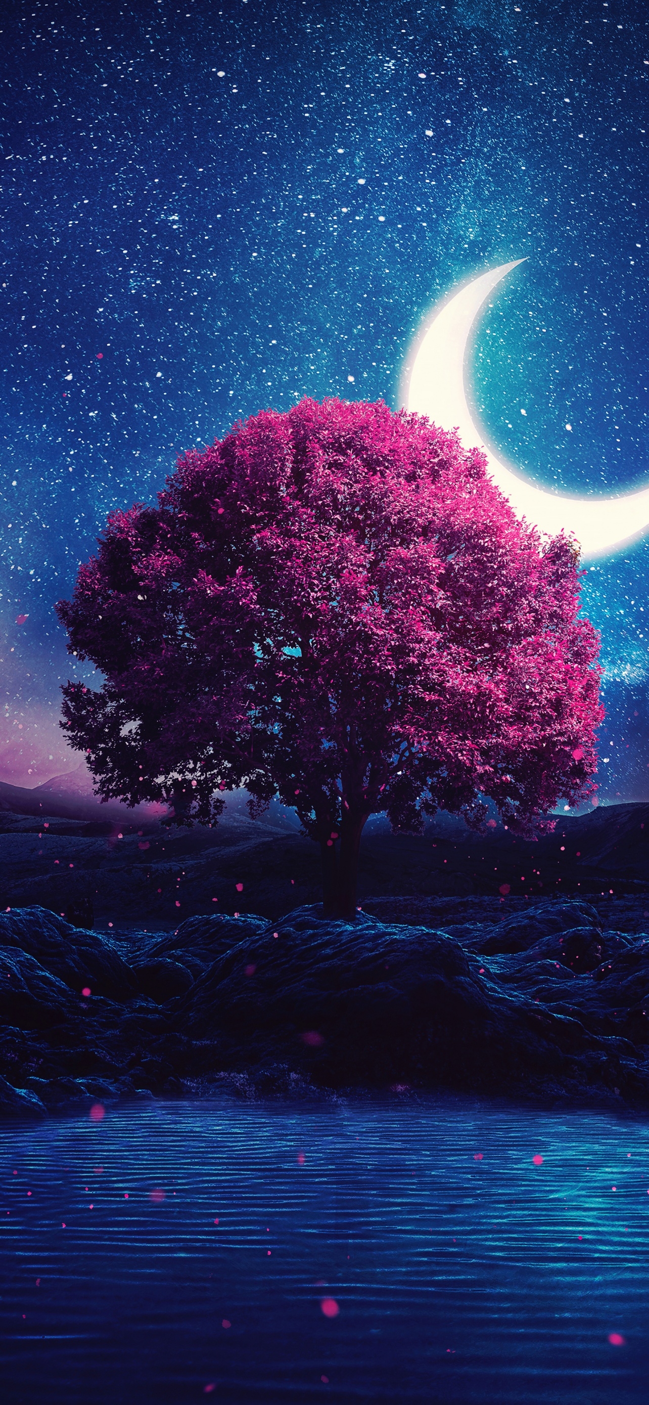 1290x2780 Aesthetic Wallpaper 4K, Lone tree, Crescent Moon, Phone