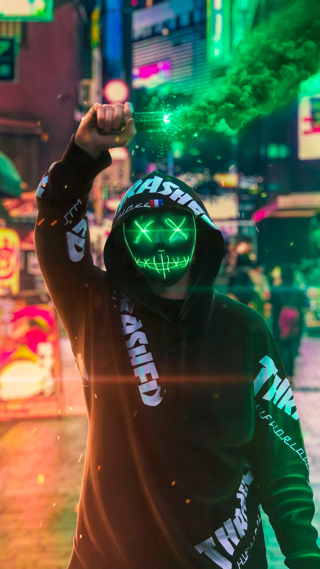 1080x1920 Neon mask guy with green smokeK wallpaper, free and easy to download, Phone