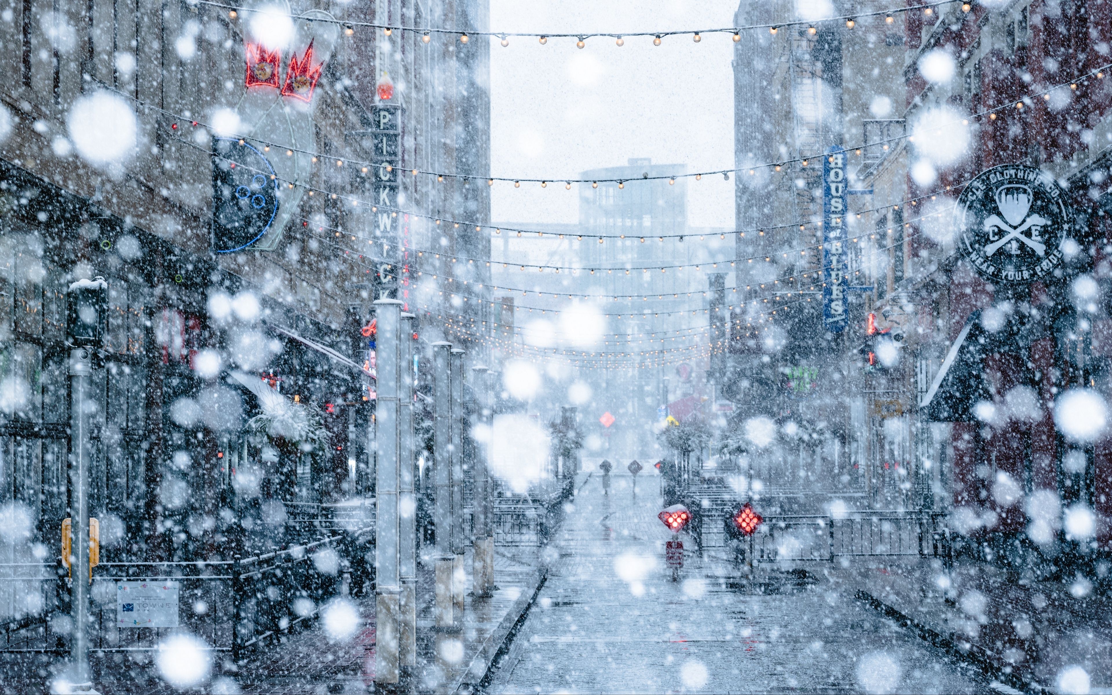 3840x2400 Wallpaper Snowfall, Snow, Street, City, Winter Wallpaper HD, Desktop