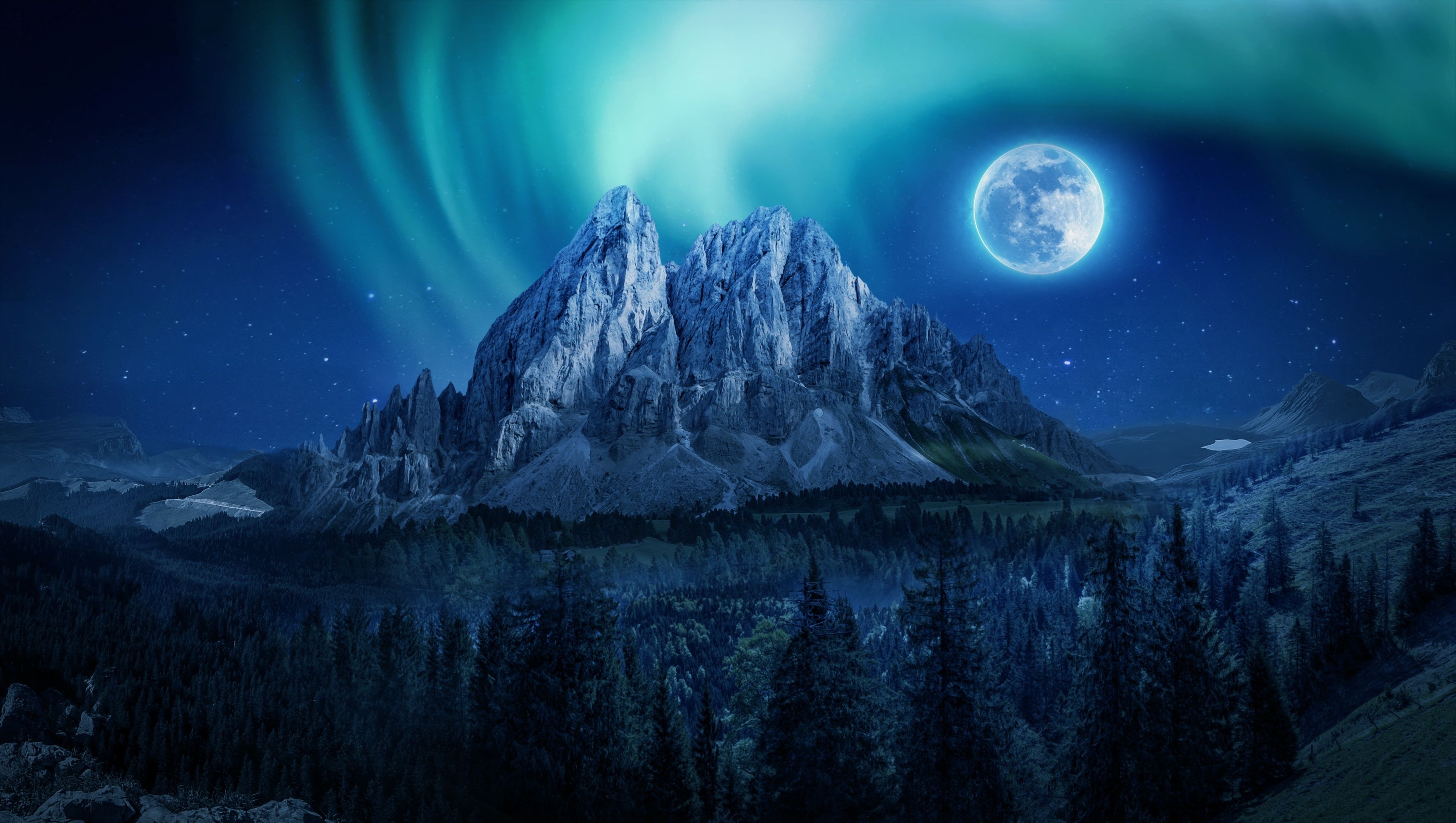 3540x2000 Moon 4K Wallpaper, Aurora Borealis, Mountains, Winter, Forest, Night, Nature, Desktop