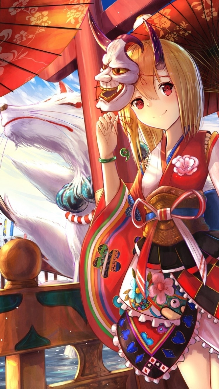 750x1340 Anime Girls, Kimono, Demons, Shrine, Fox, Masks Girl With Fox Mask, Phone