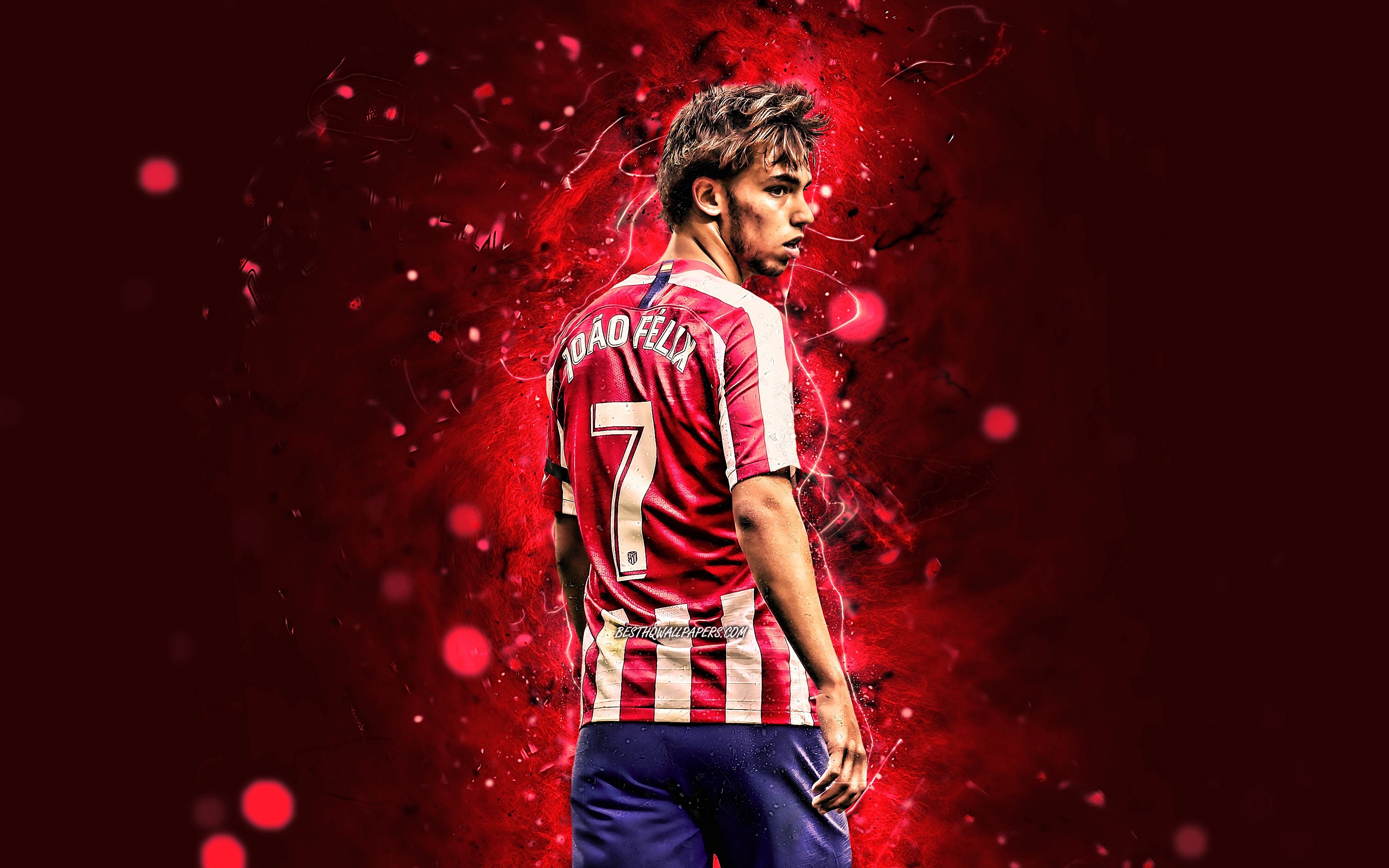 3840x2400 Download wallpaper Joao Felix, 4k, Atletico Madrid FC, back view, portuguese footballers, La Liga, Joao Felix Sequeira, midfielder, neon lights, soccer, LaLiga for desktop with resolution. High Quality HD picture wallpaper, Desktop